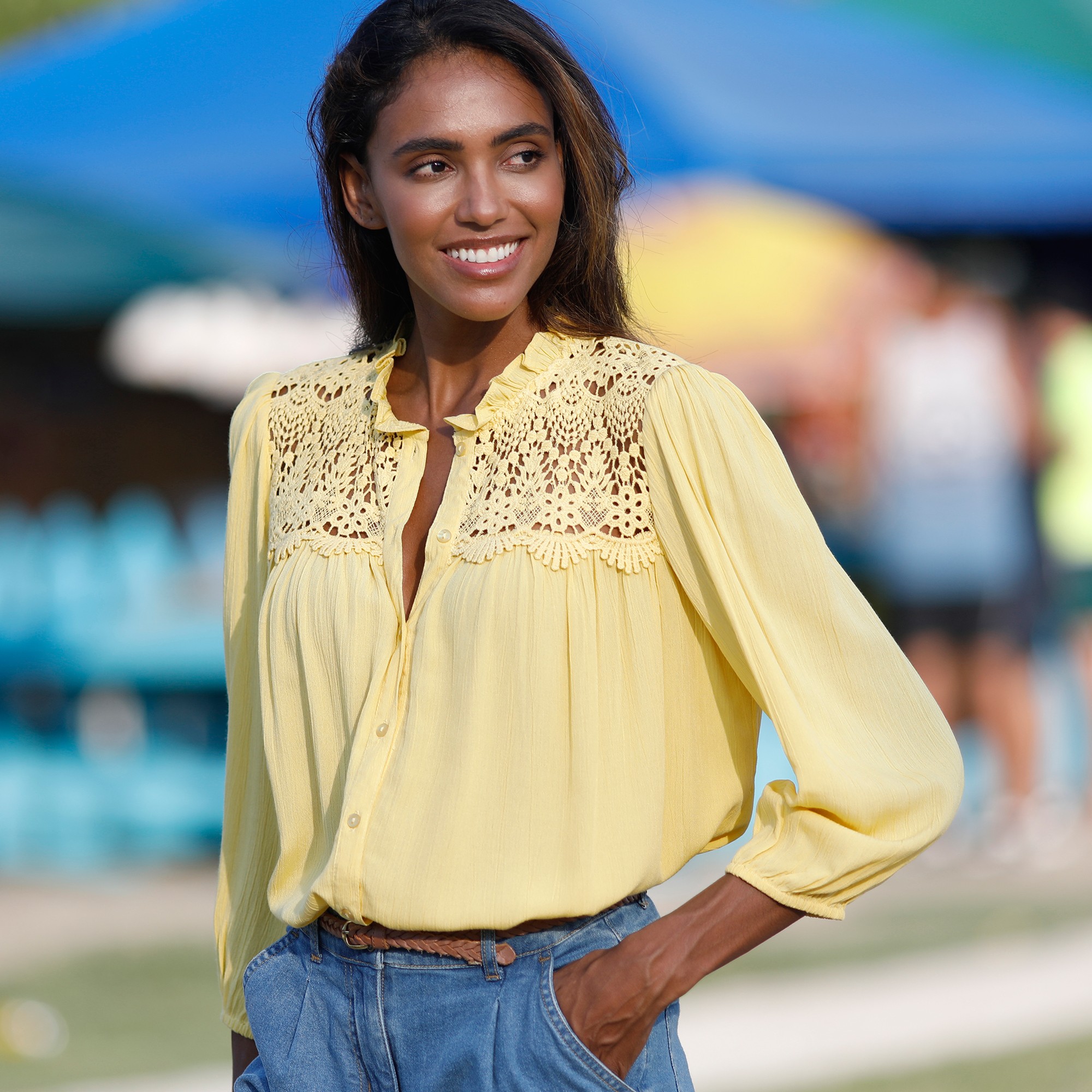 Chemisier Boutonné Macramé, Col Volanté - Blancheporte