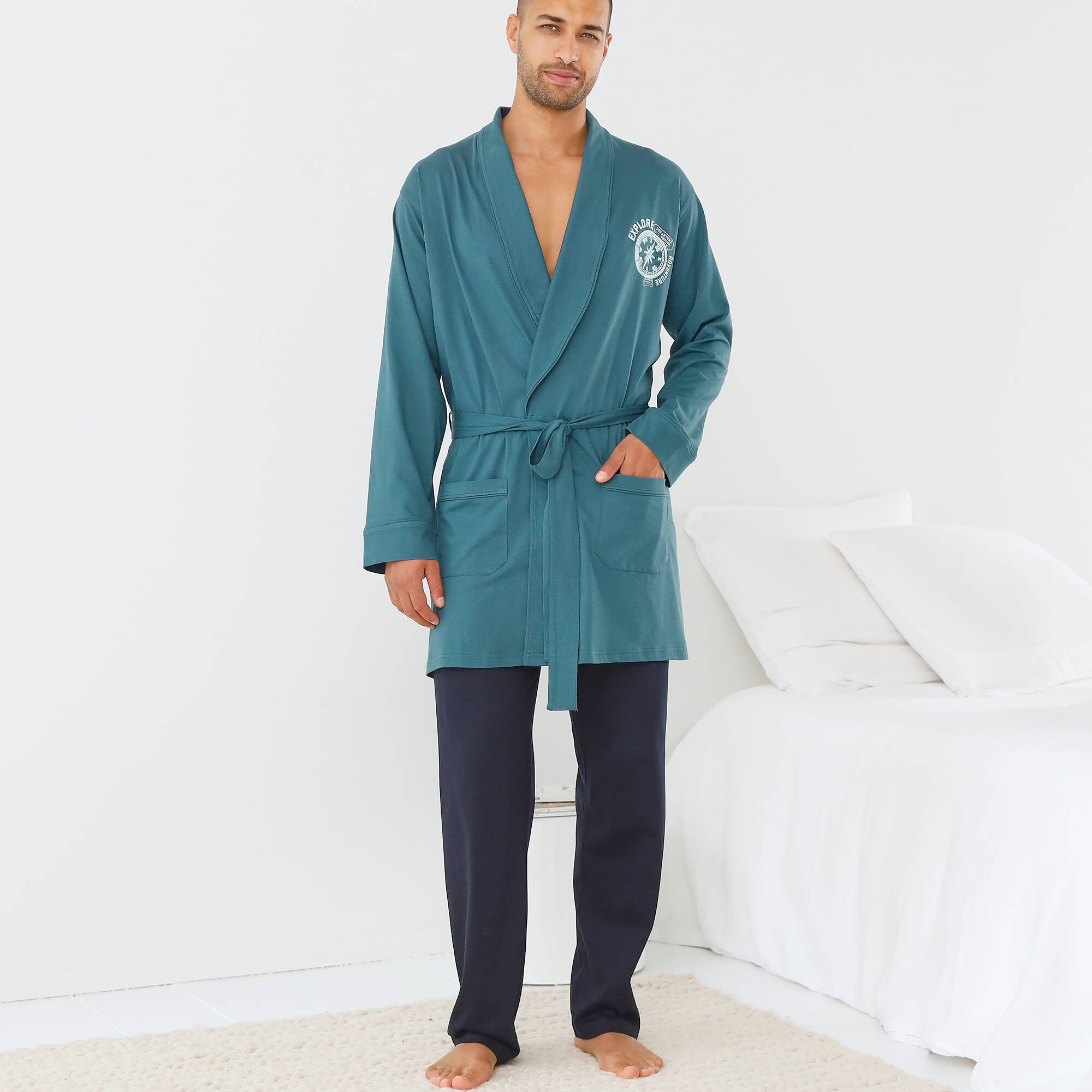 Robe de chambre courte unie avec motif   - Blancheporte