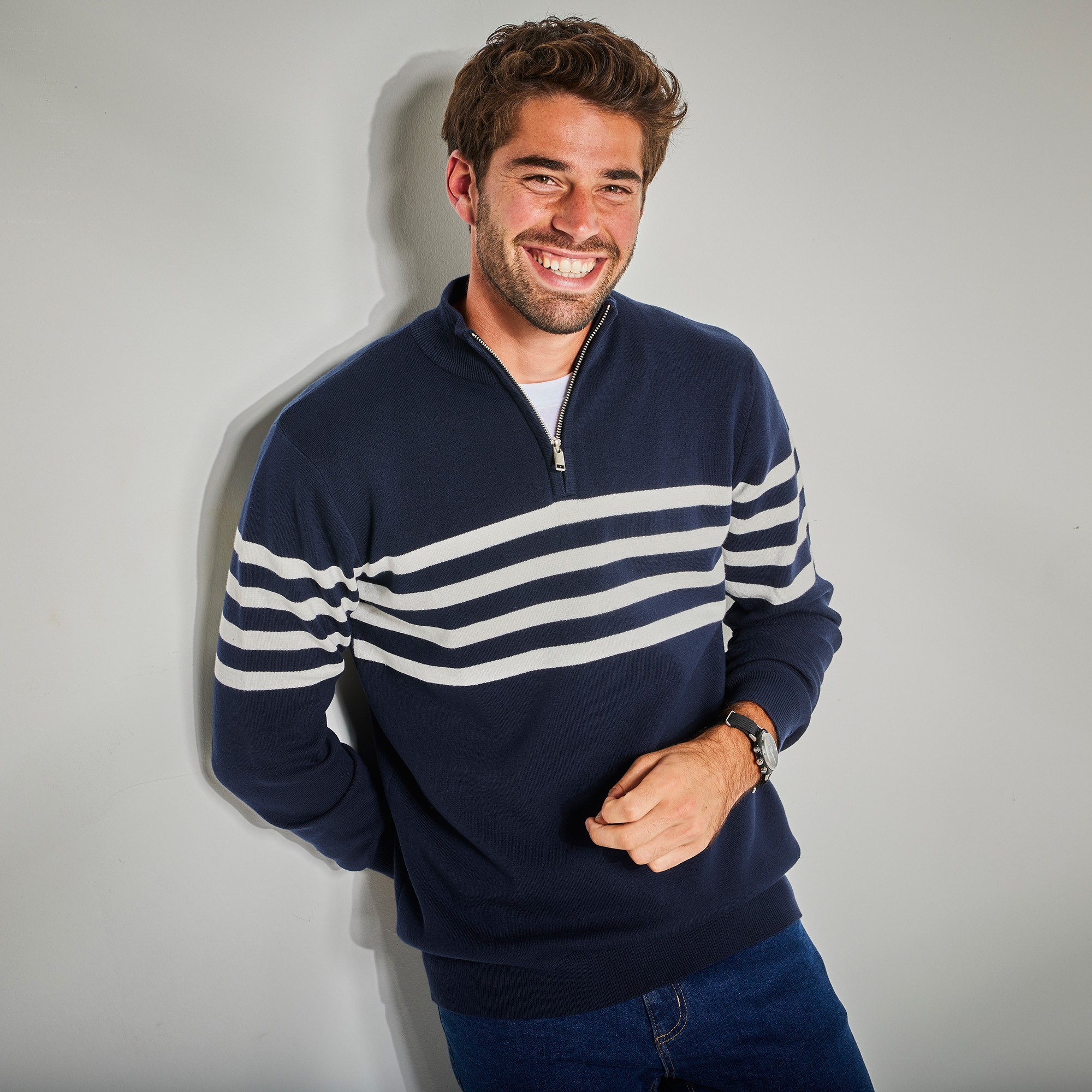 Pull Rayé Col Polo Zippé Maille Serrée - Blancheporte