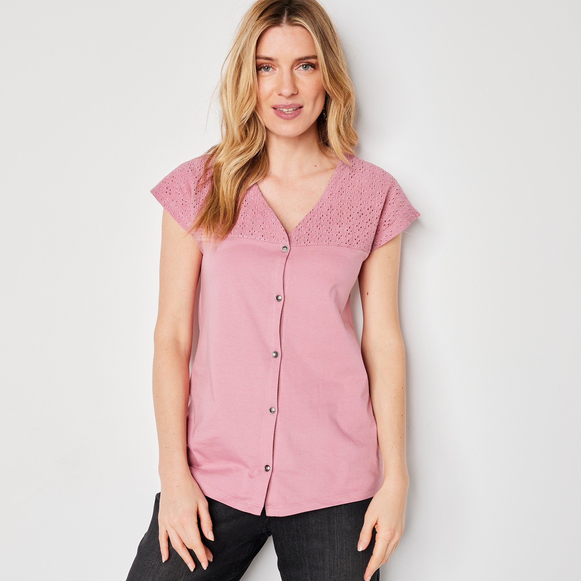 T-shirt Boutonné, Broderie Anglaise - Blancheporte