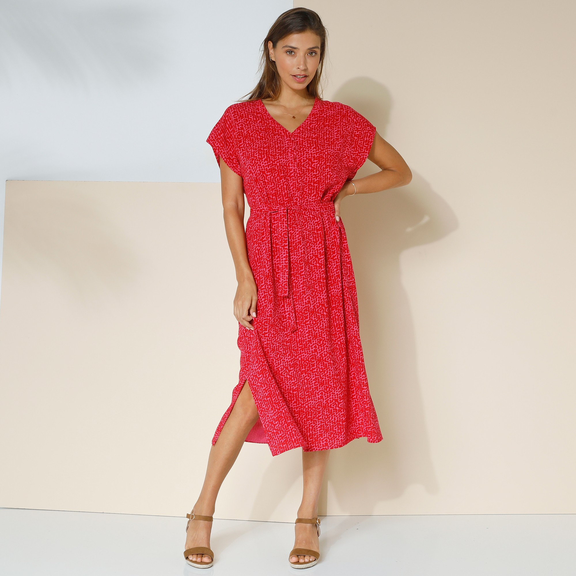 Robe Longue Droite Fluide Manches Courtes, Imprimé - Blancheporte