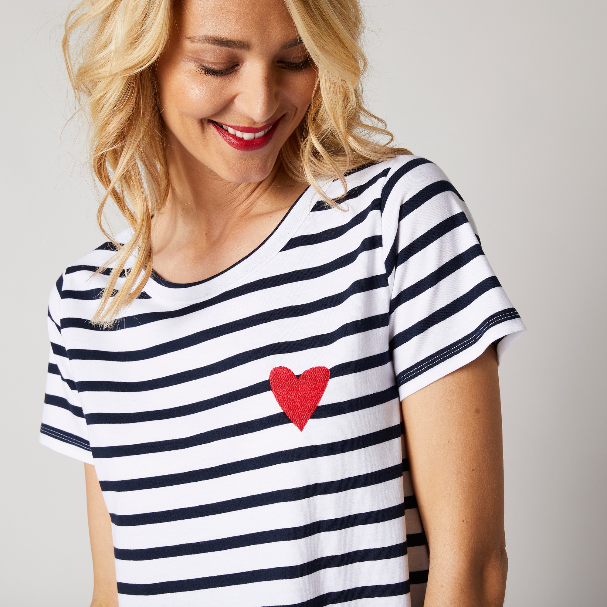 T-shirt Rayé Broderie coeur, Fils Tissés-teints - Blancheporte