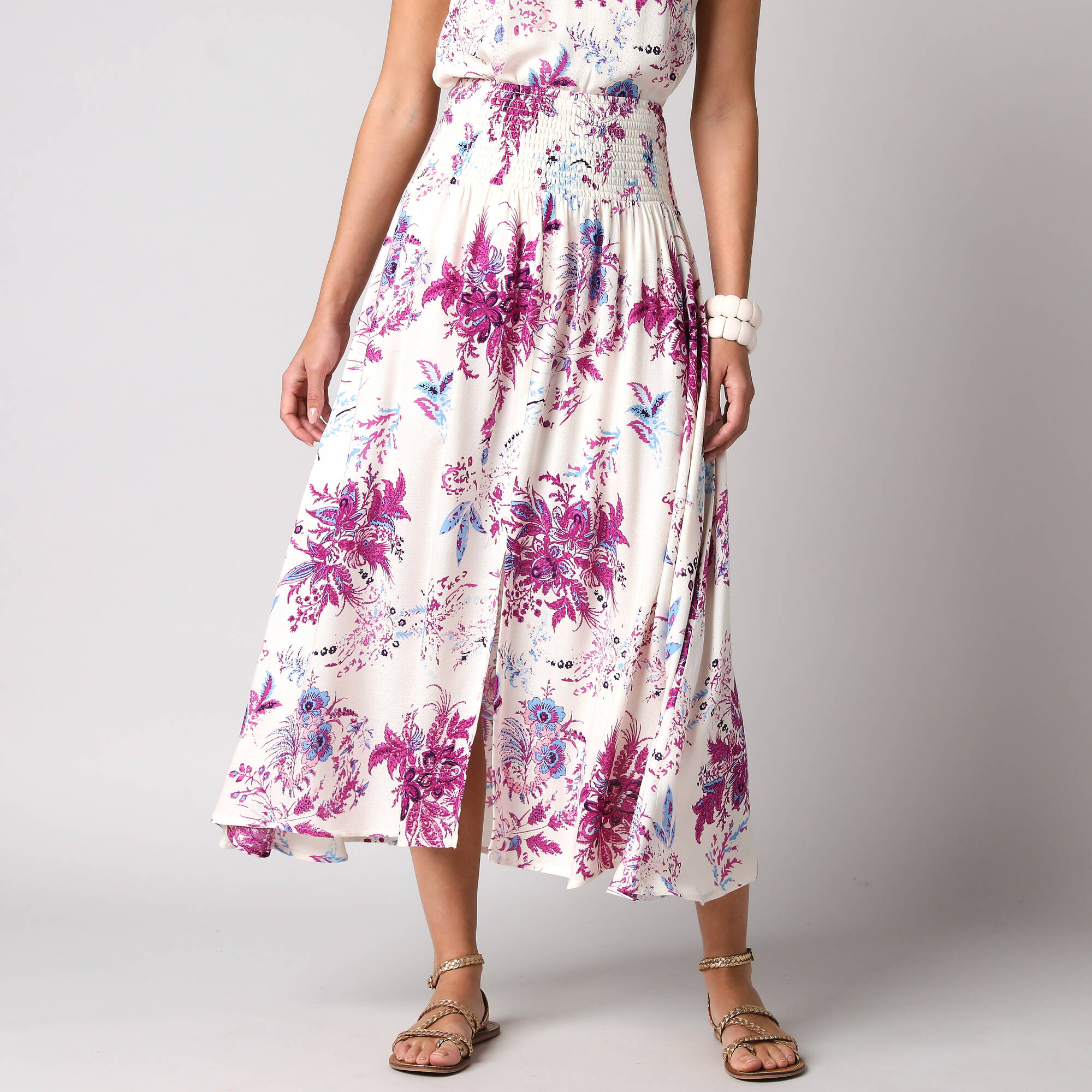 Jupe longue vase imprim floral taille smocke - Blancheporte 40$