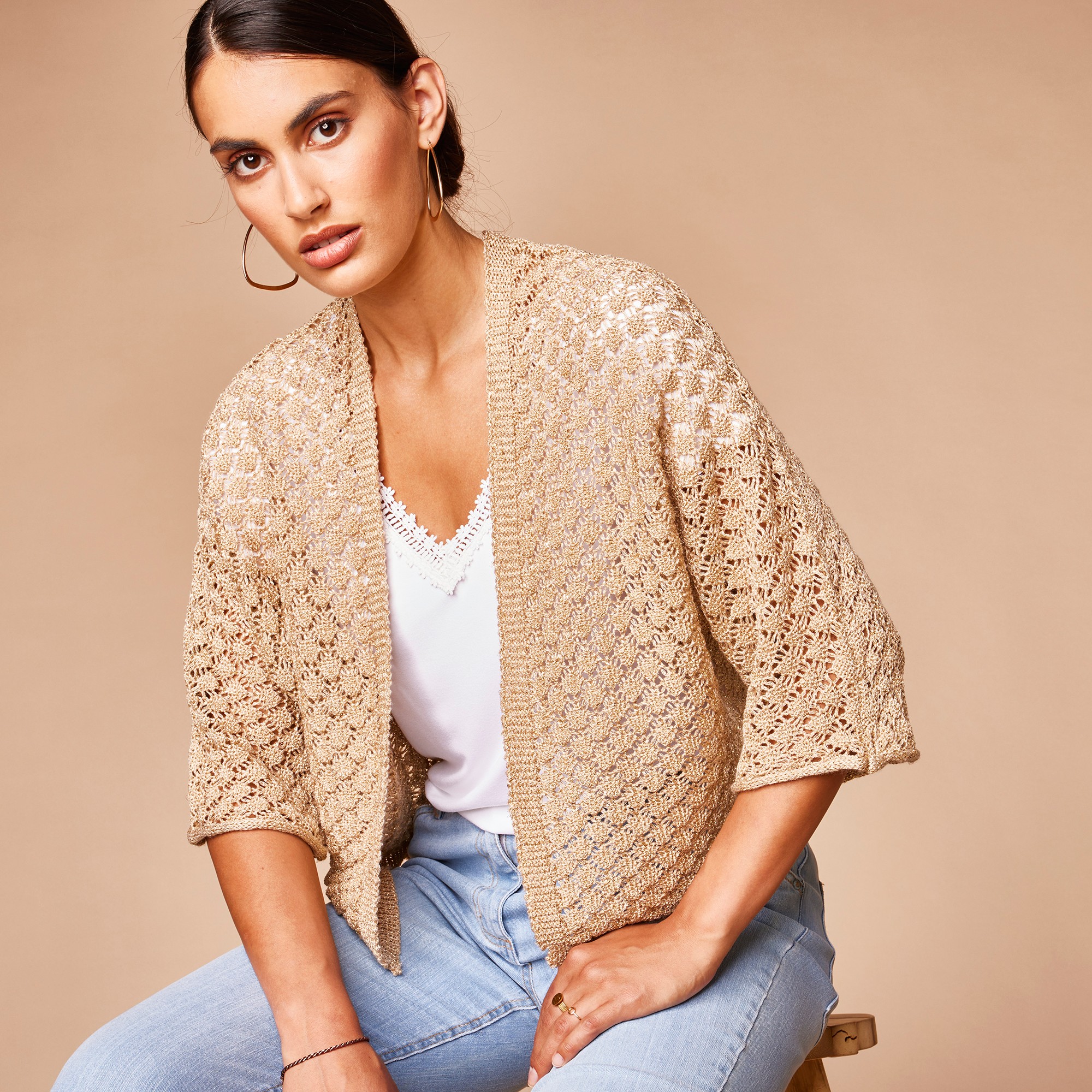 Gilet manches 3/4 chauve-souris, maille dorée - 54 - Or - Lora Zellini