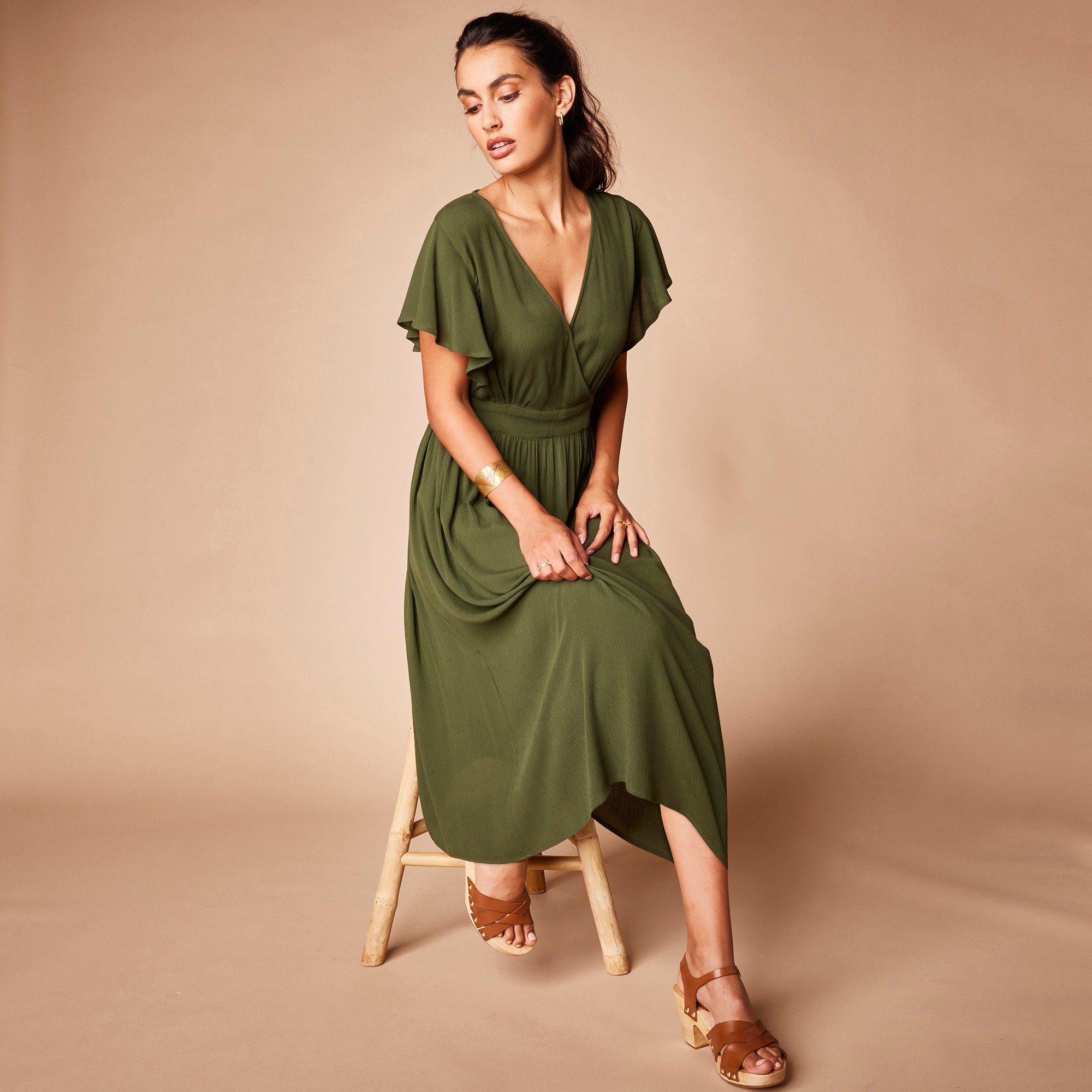 Robe Volantée Cache-coeur Unie, Crépon - Lora Zellini