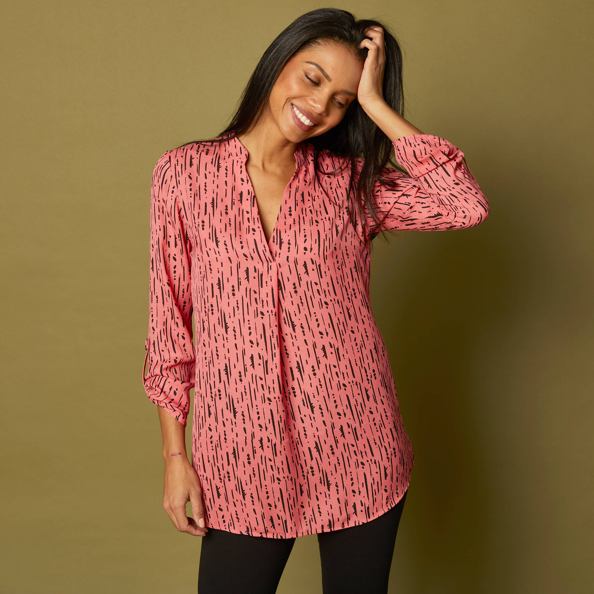 Blouse imprime graphique col tunisien crepe corail noir Blancheporte