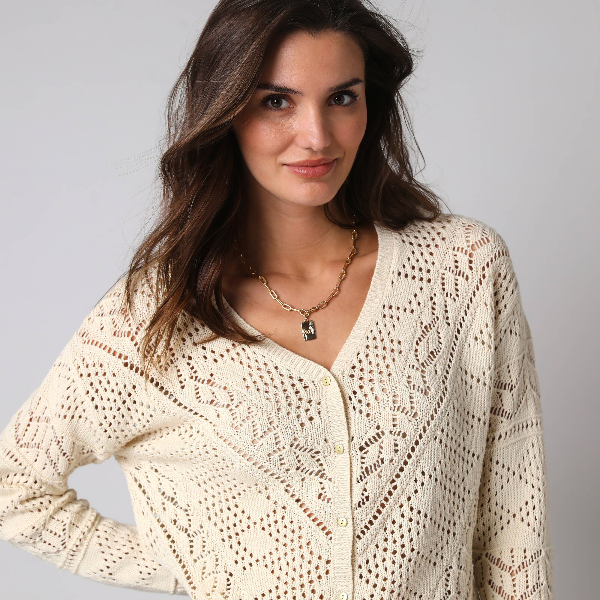 Gilet boutonné en coton ajouré manches longues - Blancheporte