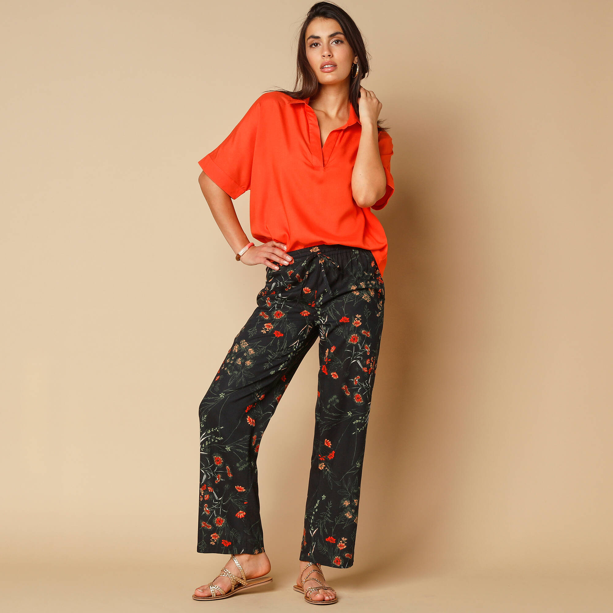 Pantalon large fluide, imprimé fleuri - Blancheporte