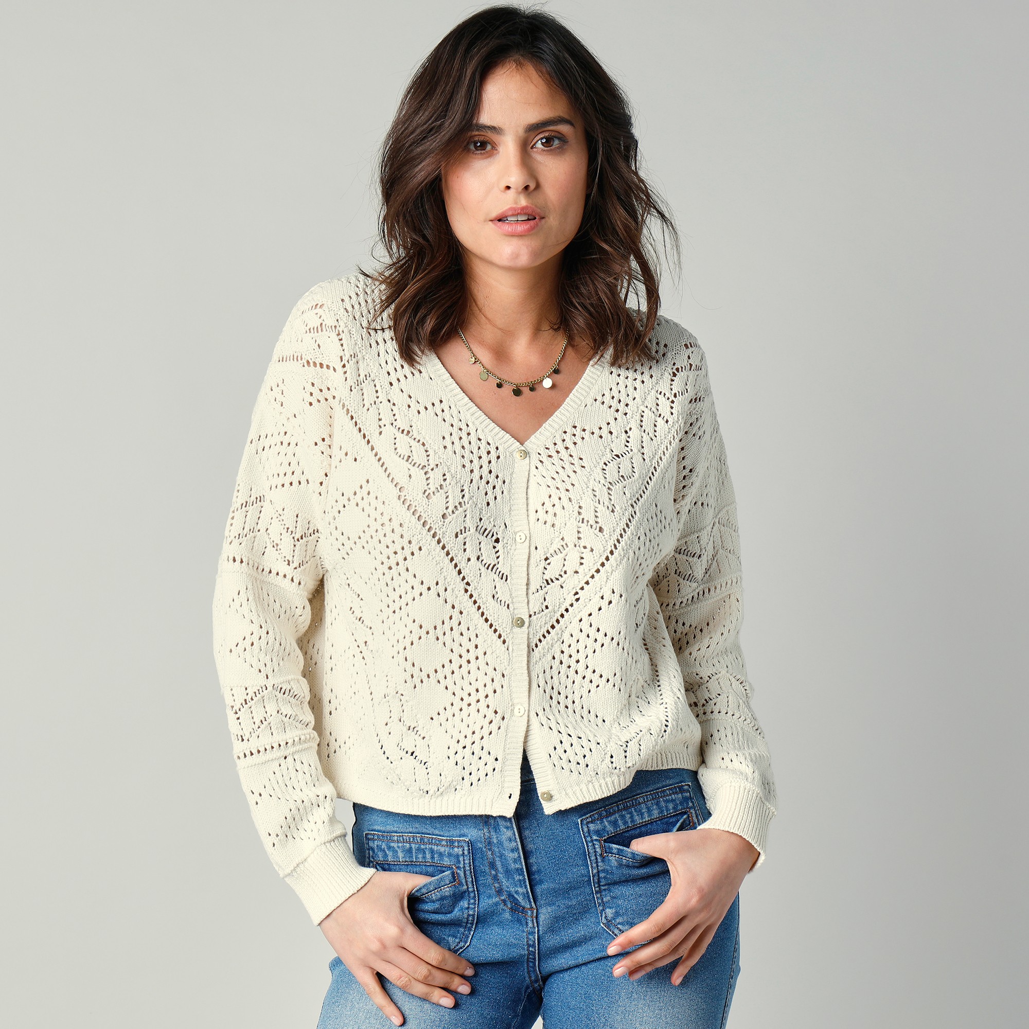 Gilet Maille Ajourée Fantaisie, Boutons Dorés - Lady K