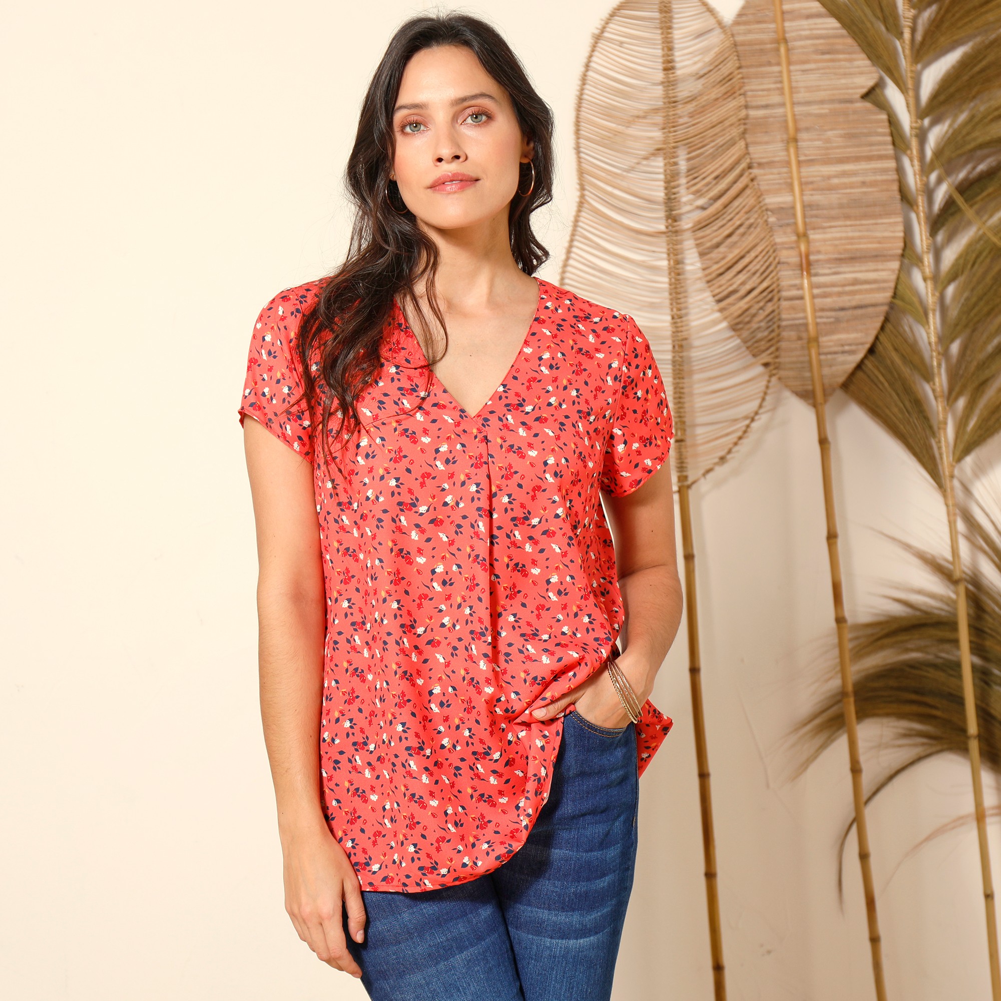 Blouse V Manches Courtes, Crêpe Imprimé Feuilles - Blancheporte