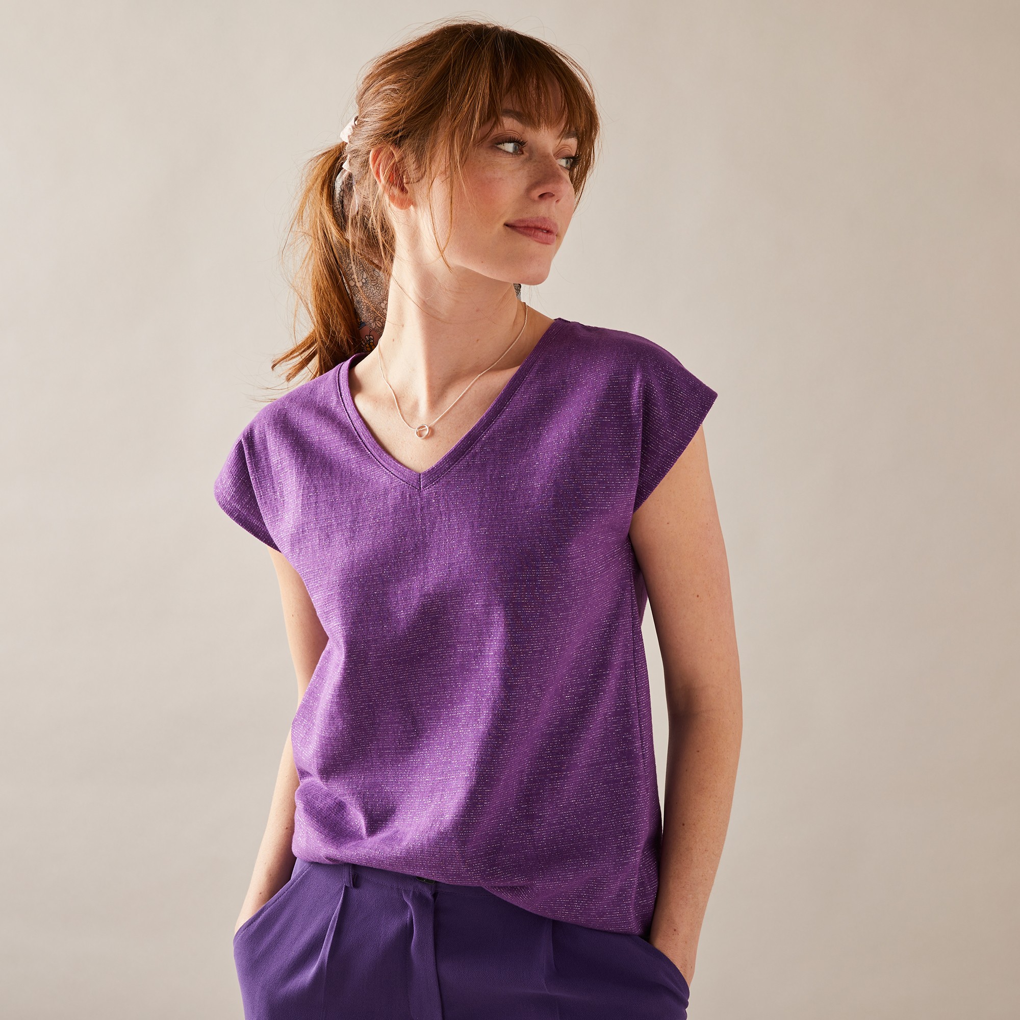 T-shirt Col V Maille Fantaisie Brillante - Blancheporte