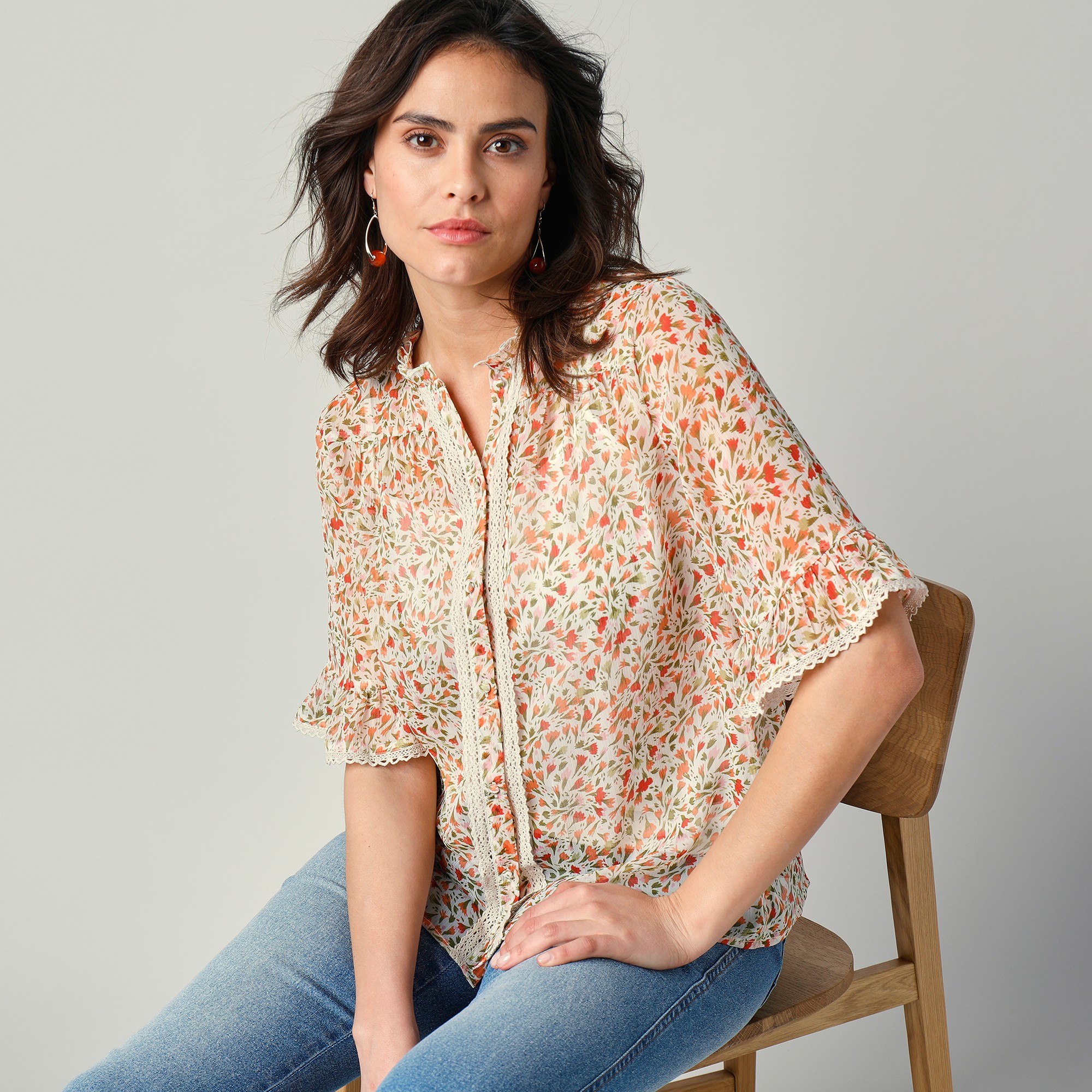 Chemisier Volanté Imprimé Petites Fleurs, Galon De Macramé - Blancheporte