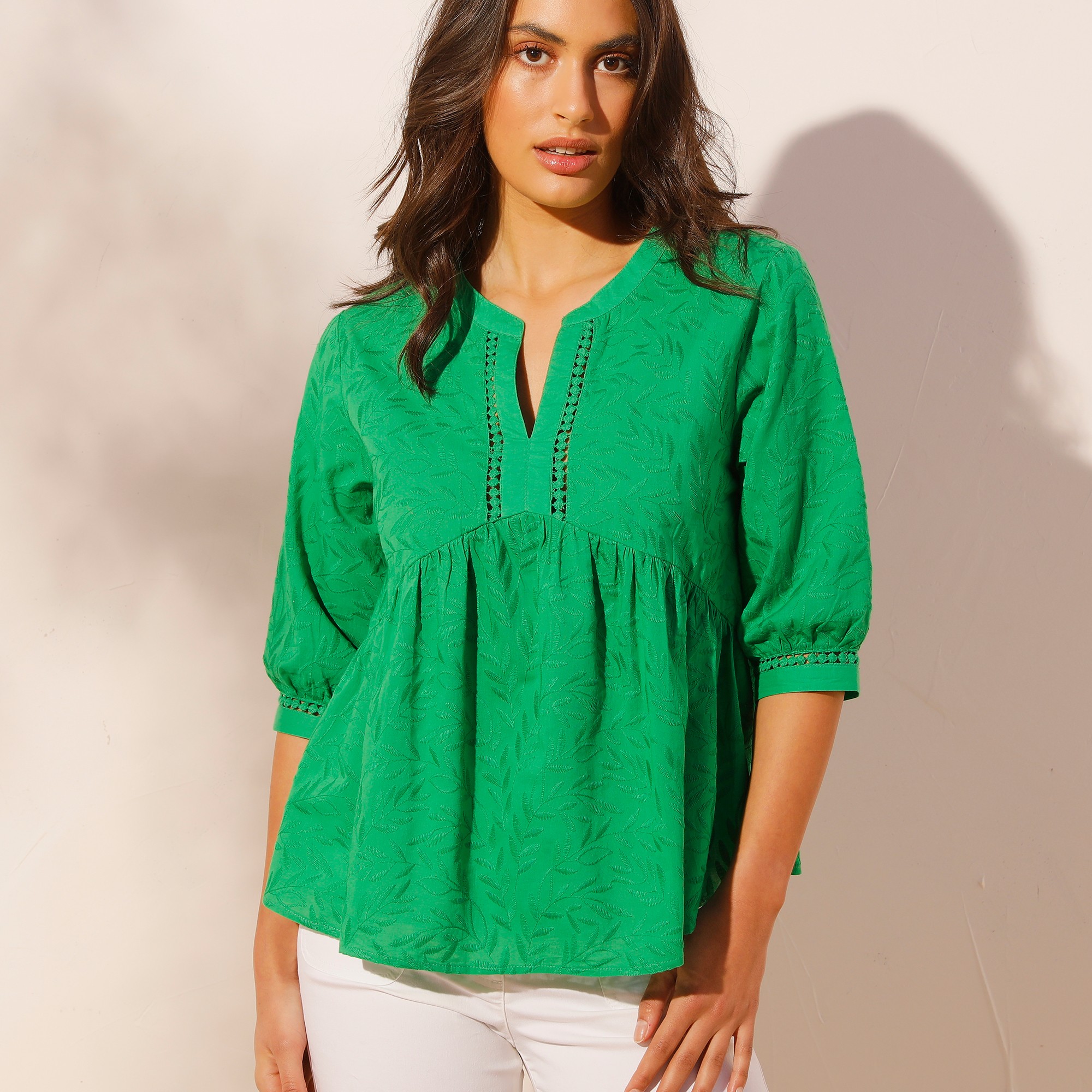 Blouse brodée manches 3/4 - 52 - Vert - Coeur Au Sud