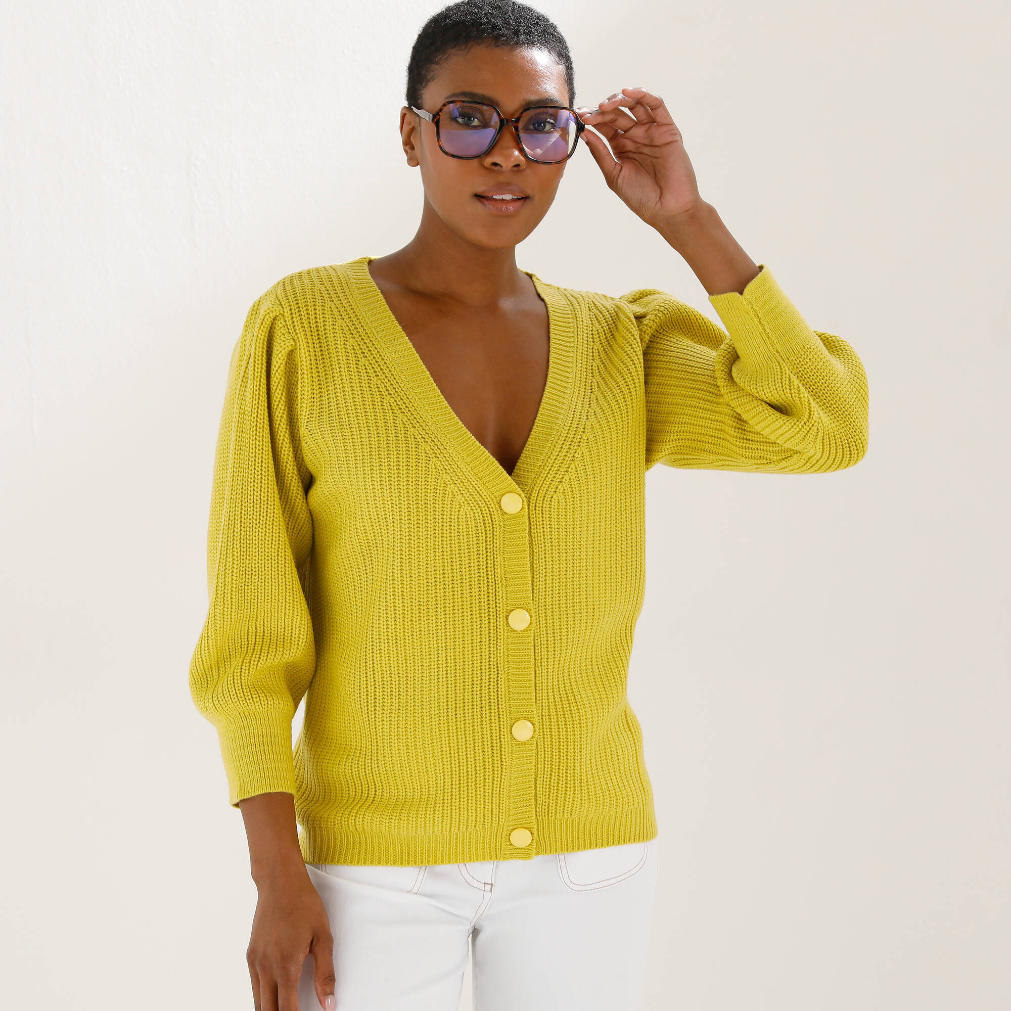 Gilet boutonné col V, maille anglaise - Blancheporte