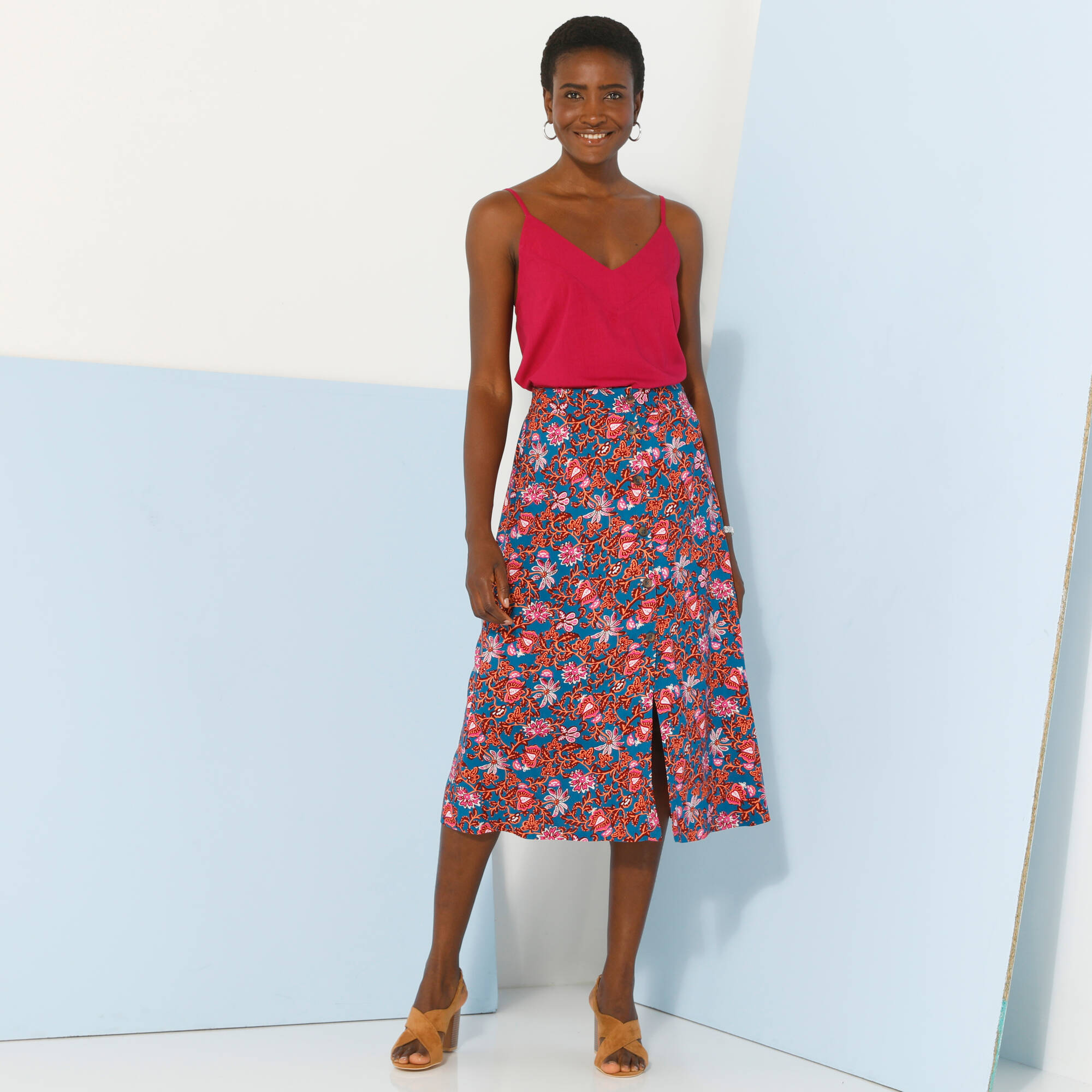 Jupe boutonne fleuri unie viscose - Blancheporte 12$