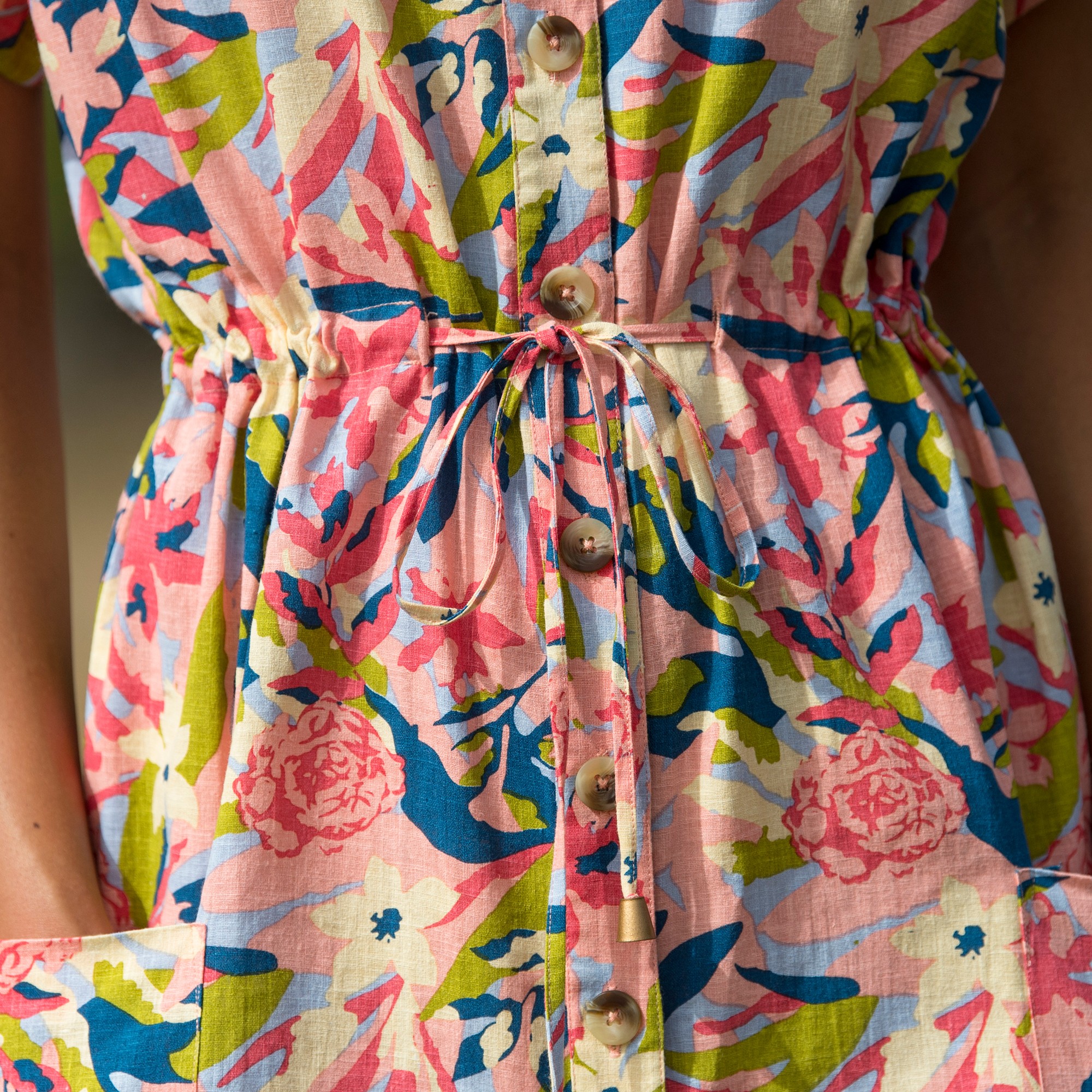 Robe midi boutonnee imprimee coton lin peche vert Blancheporte