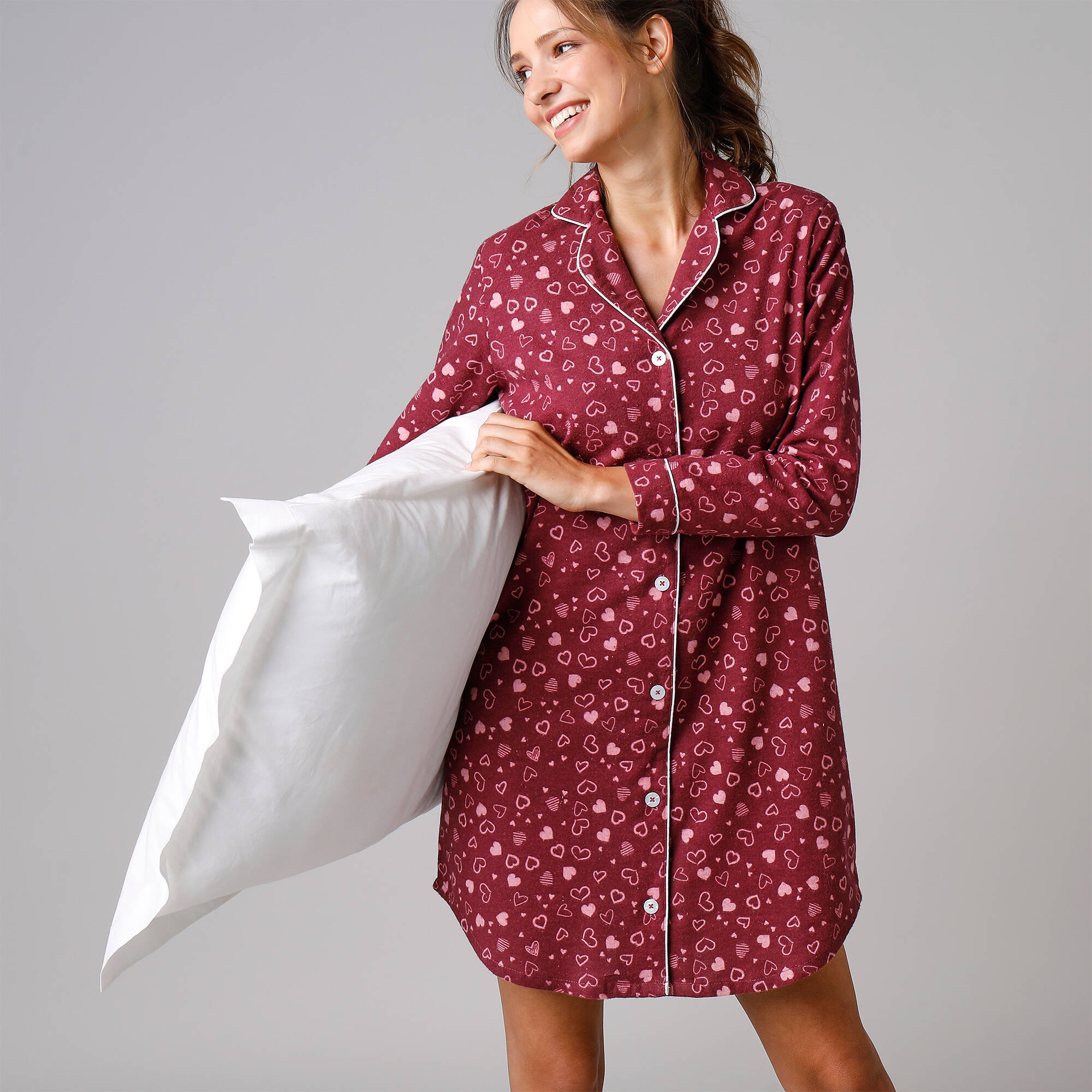 Chemise de nuit en pilou forme liquette imprime coeur