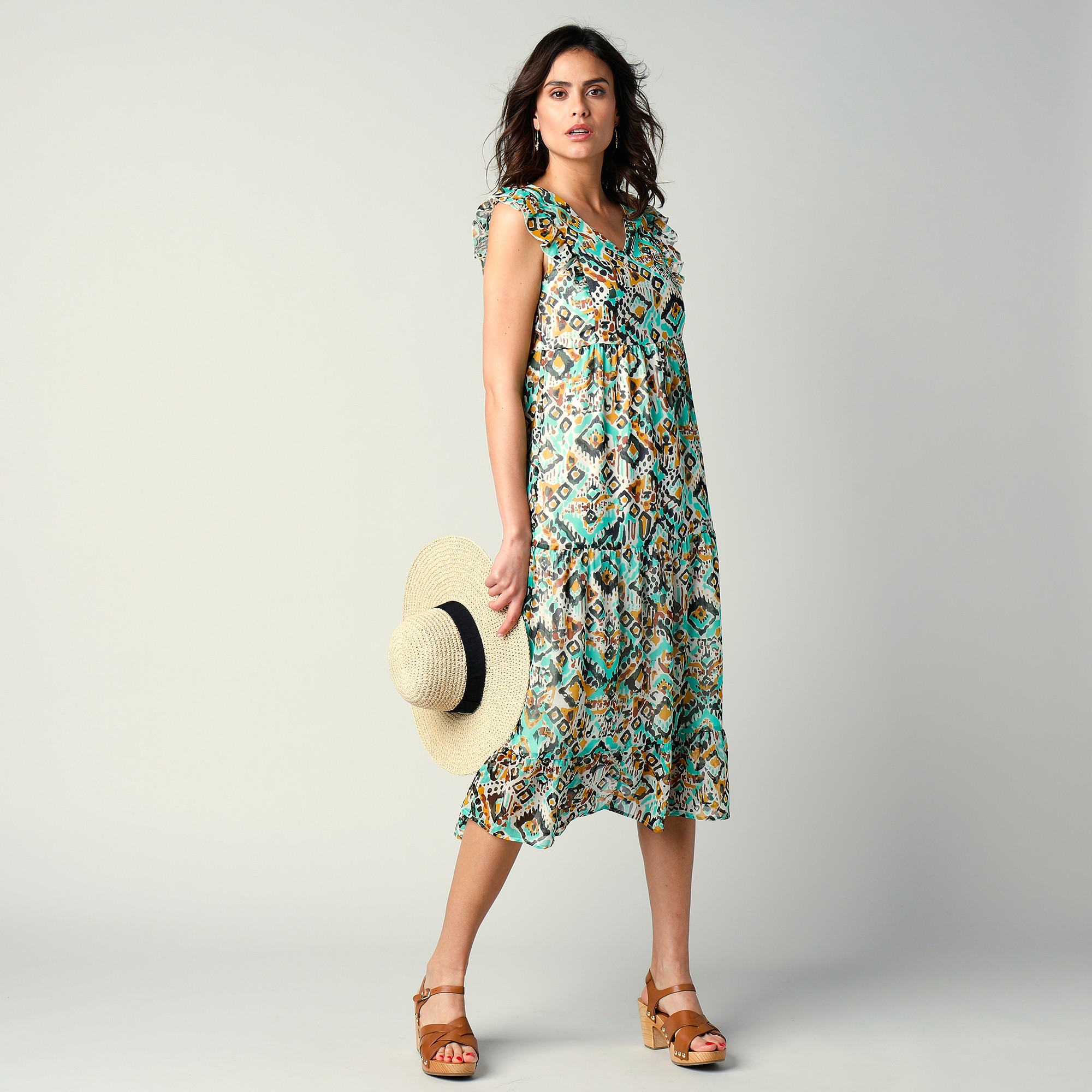 Robe Volantée Mi-longue Sans Manches Voile Imprimé Ethnique - Blancheporte