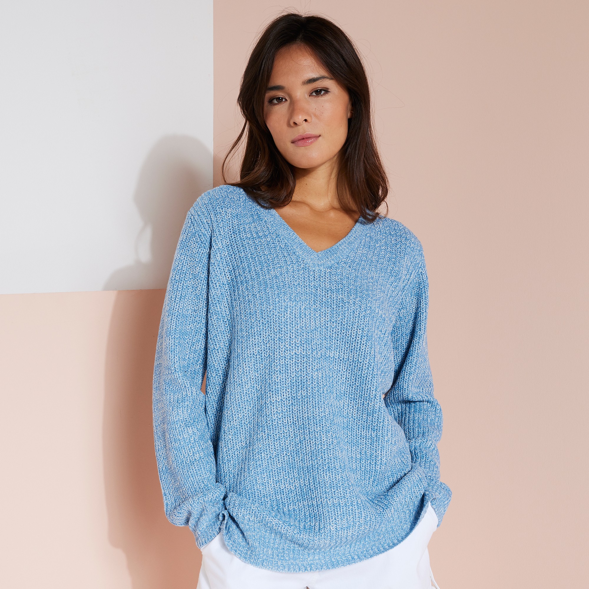 Pull Tunique Col V, Maille Anglaise - Blancheporte