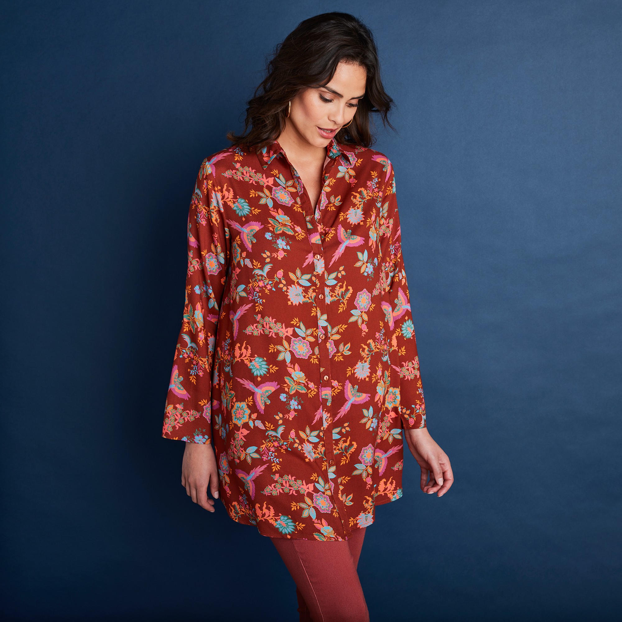 Tunique Longue Col Chemise - Imprimé Arabesque - Blancheporte