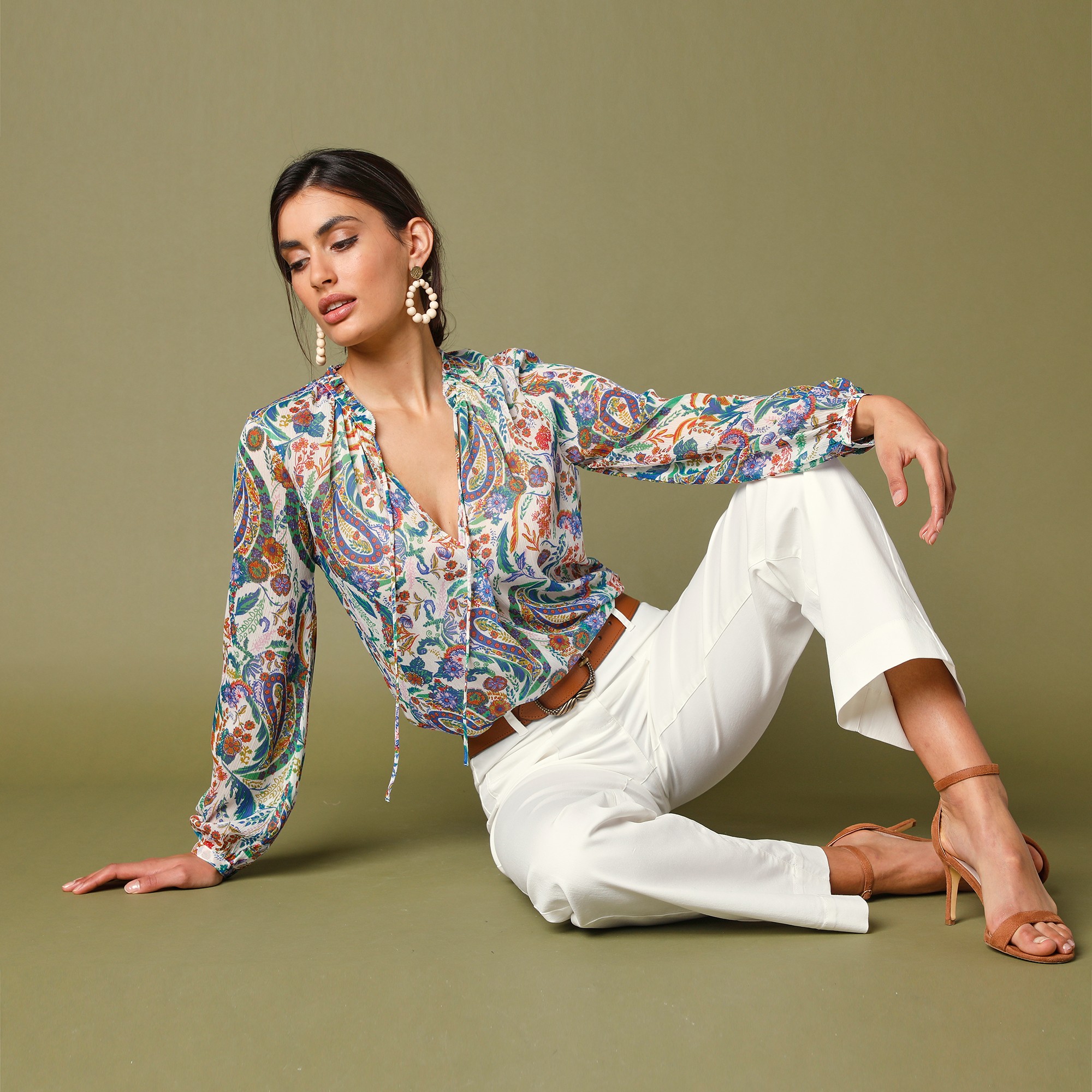 Blouse imprimée, polyester recyclé(**) - 52 - Écru - Lora Zellini