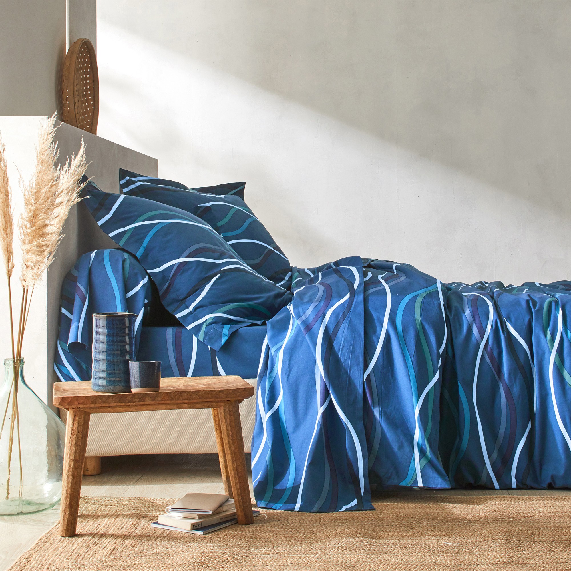 Linge de lit Serpentins en coton imprimé - Housse De Couette 2 Personnesonnes : 240x220cm - Bleu - C
