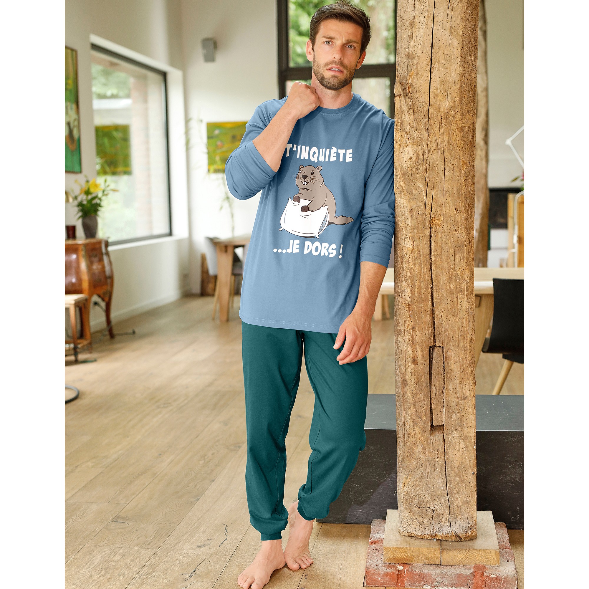 Pyjama pantalon manches longues Marmotte bleu vert Blancheporte