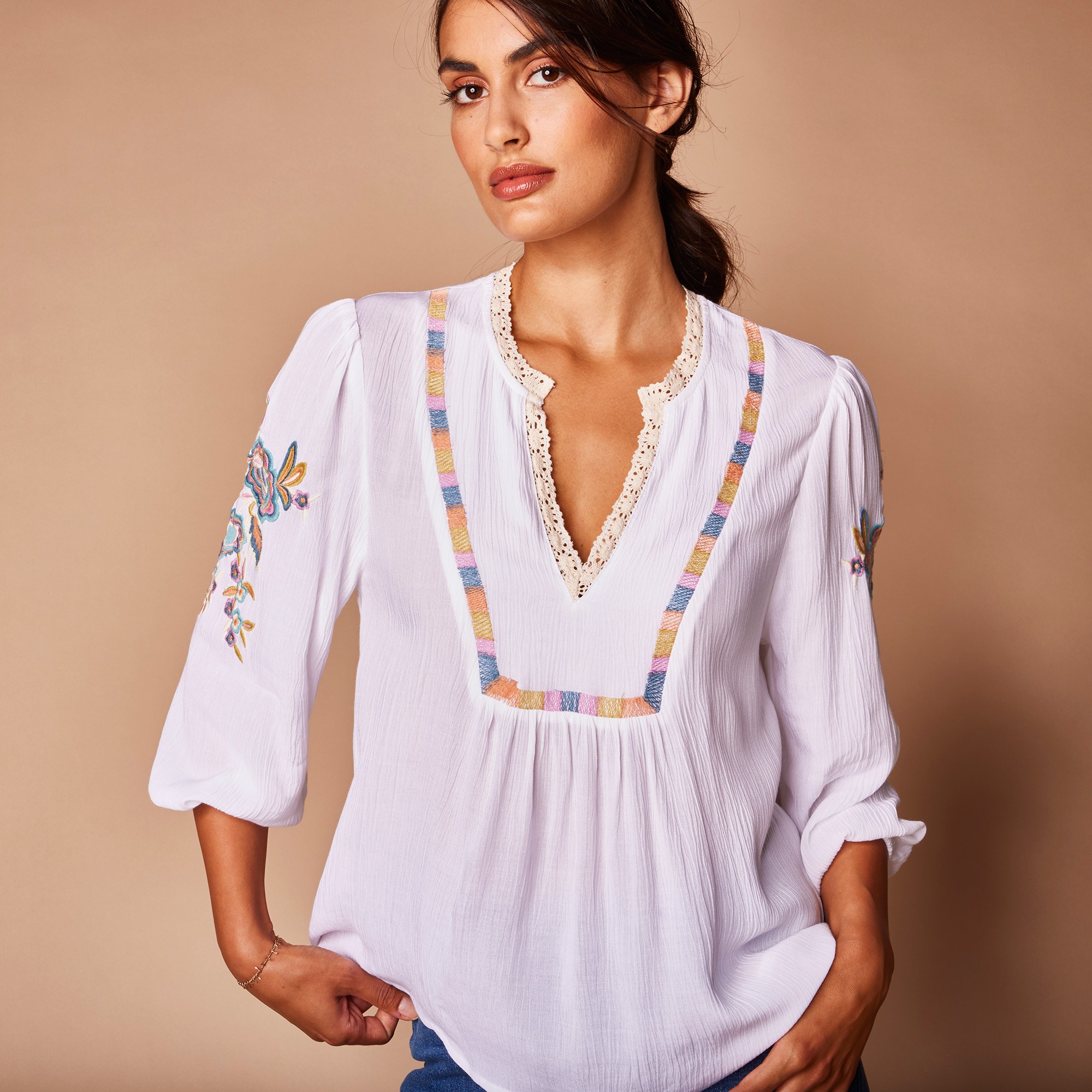 Blouse brodée manches amples, crépon - 54 - Blanc - Lora Zellini