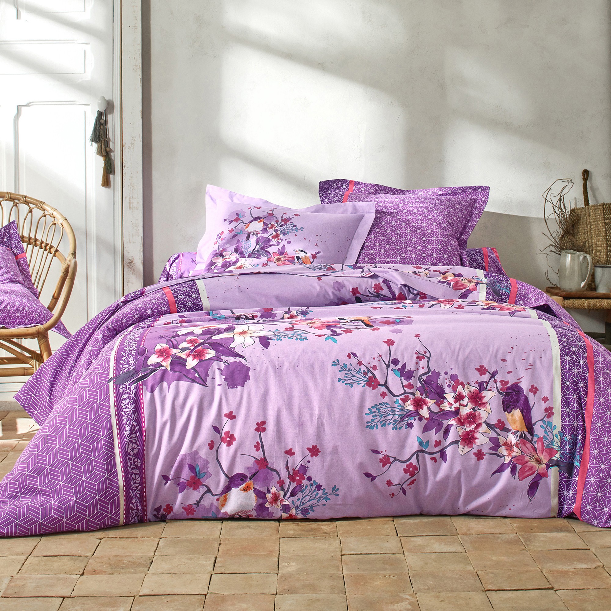 Linge de lit Birdy en coton imprimé oiseaux - Drap Plat 2 Personnesonnes : 270x300cm - Violet - Colo