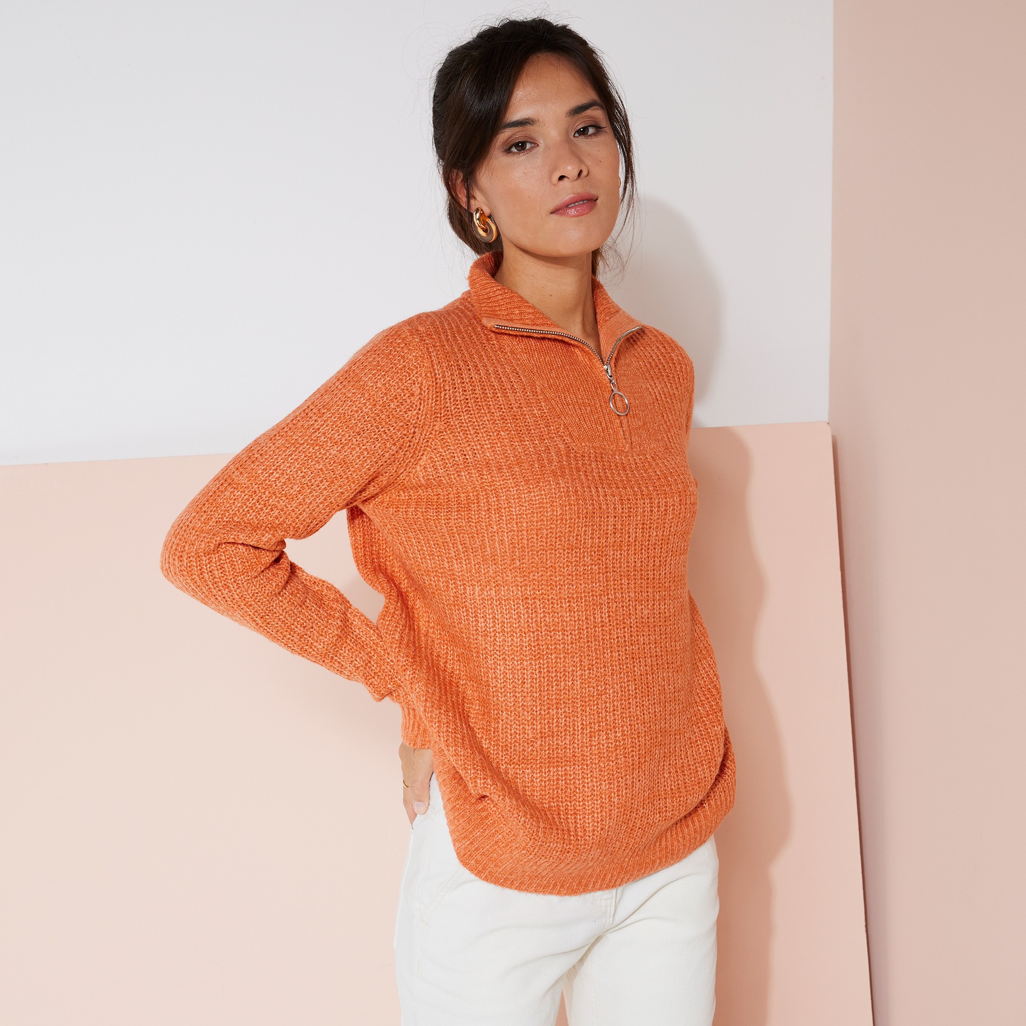 Pull Col Zippé Maille Anglaise Toucher Mohair - Blancheporte