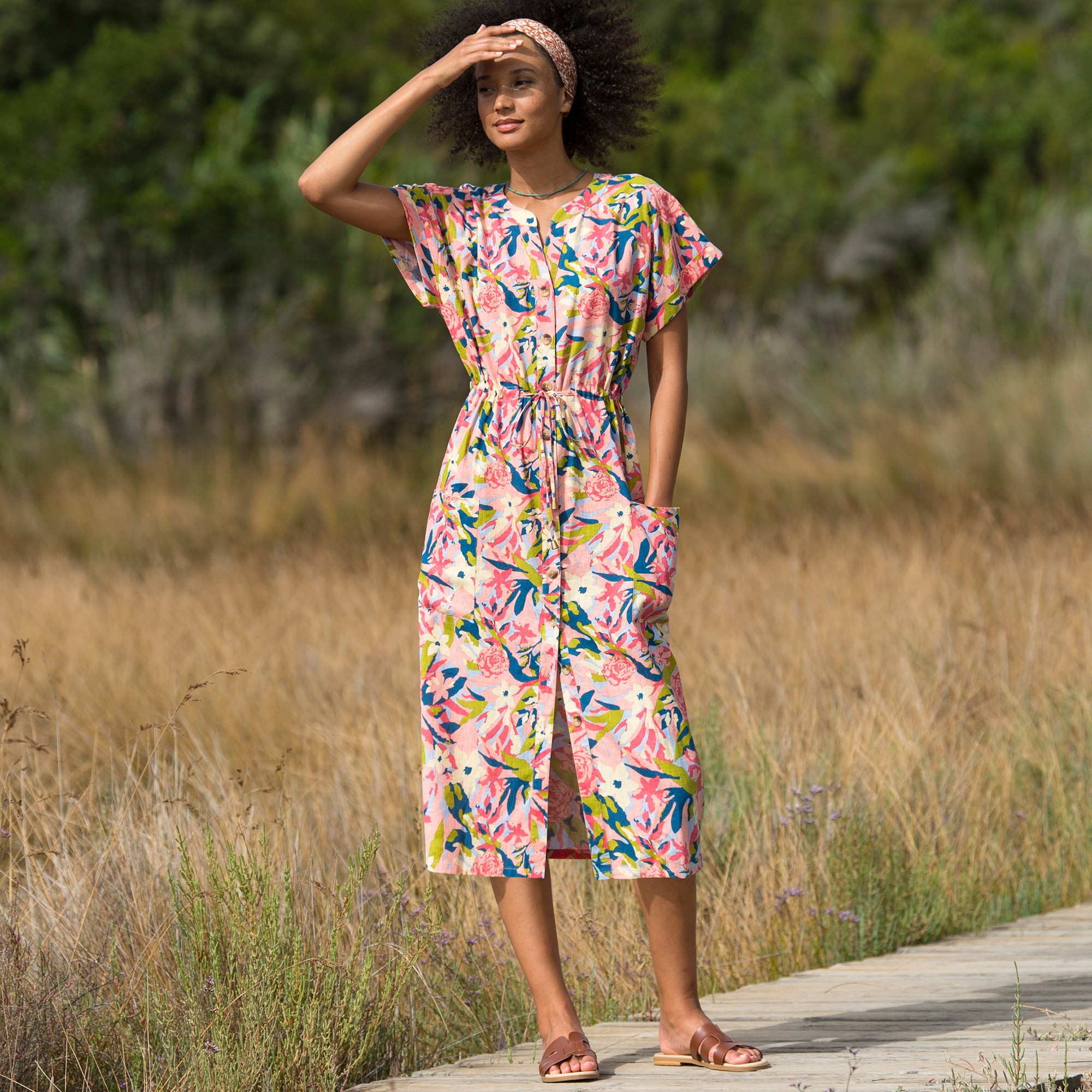 Robe Midi Boutonnée Imprimée, Coton Lin - Blancheporte