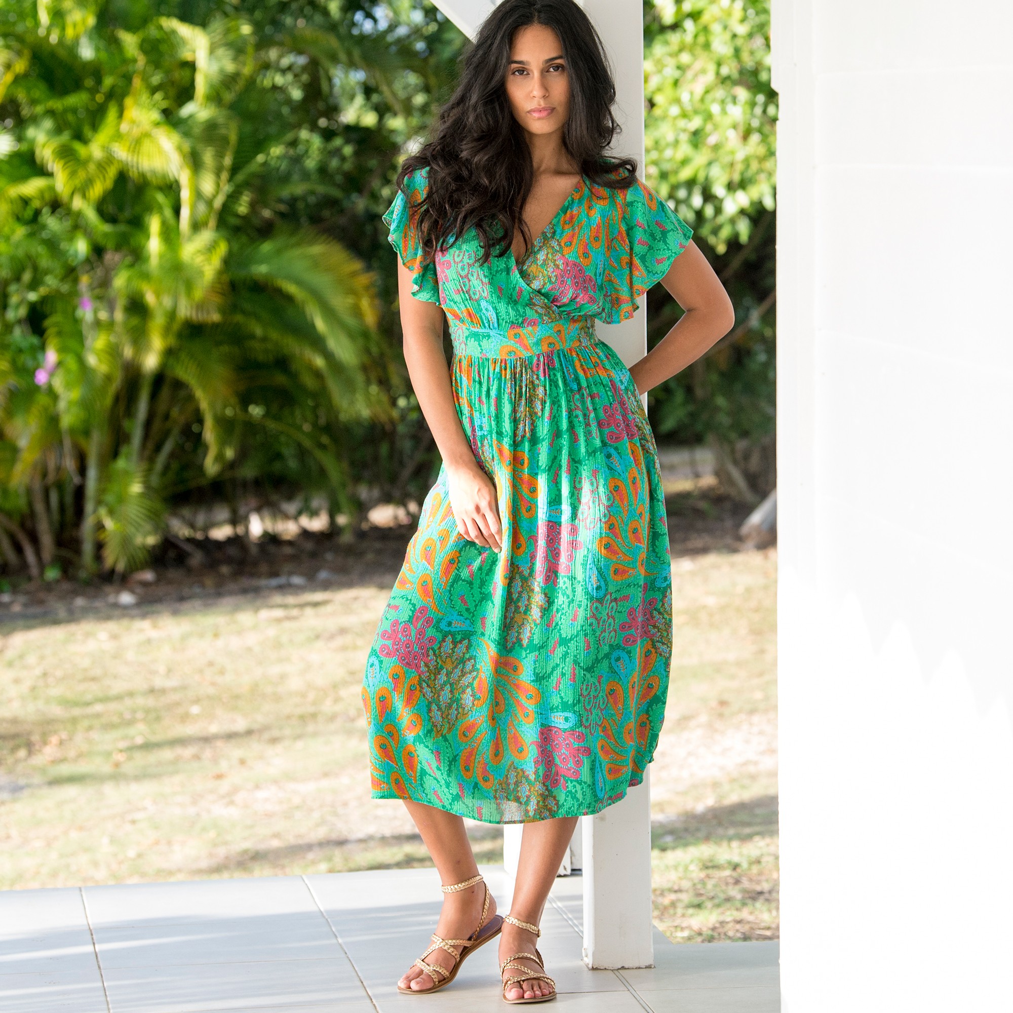 Robe volantée cache-coeur imprimée, crépon - 54 - Vert - Lora Zellini