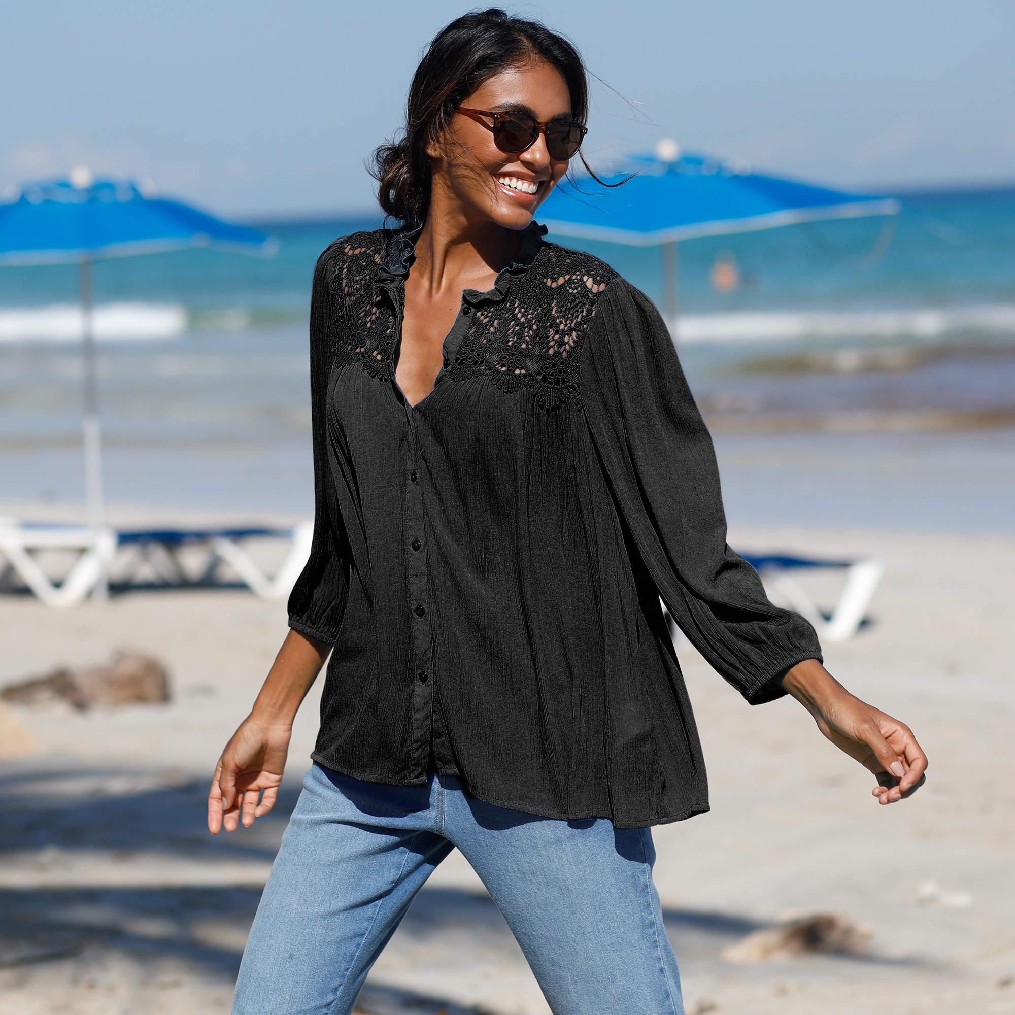 Chemisier Boutonné Macramé, Col Volanté - Blancheporte