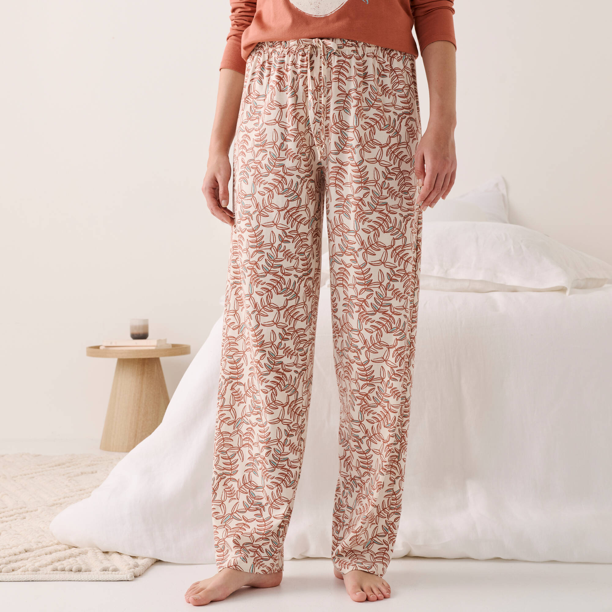 Pantalon pyjama coton imprimé ''feuillage'' avec lien à nouer - Blancheporte