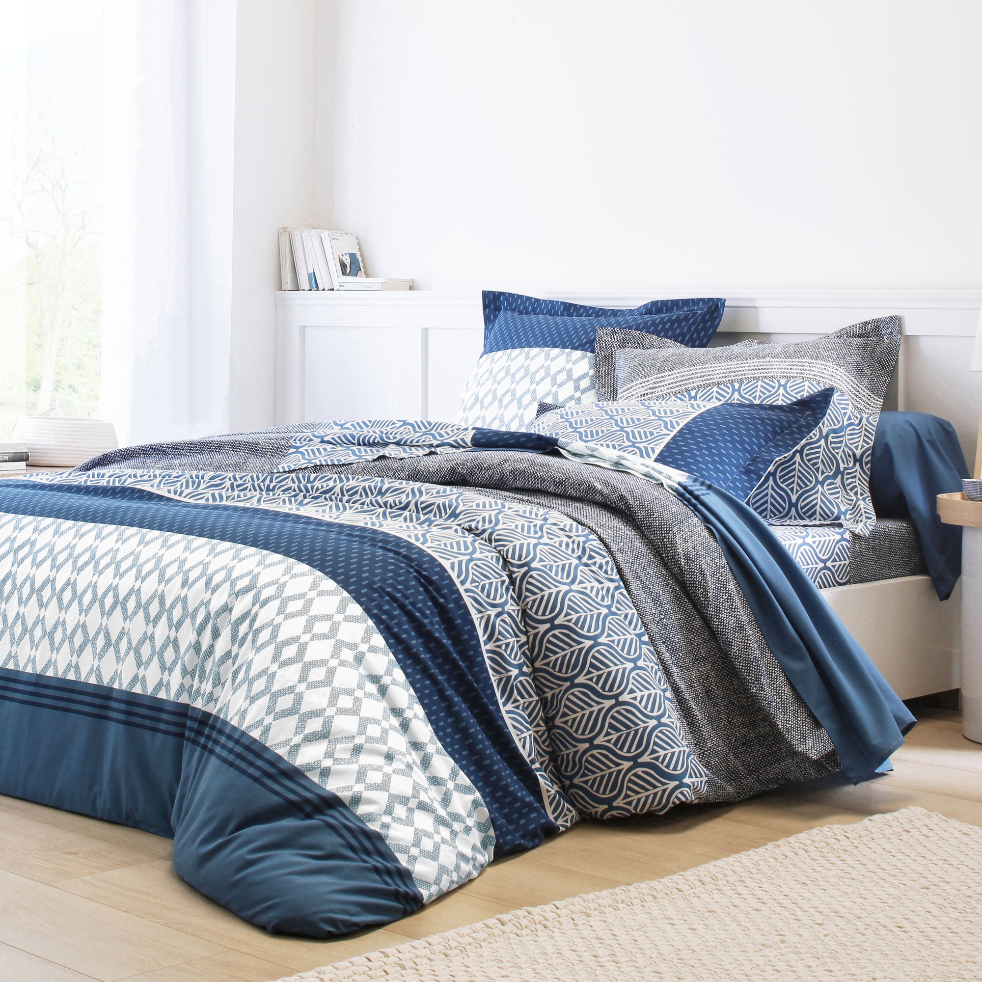 Linge de lit Tommy imprimé géométrique - coton - Drap Plat 2 Personnesonnes : 270x300cm - Bleu - Col