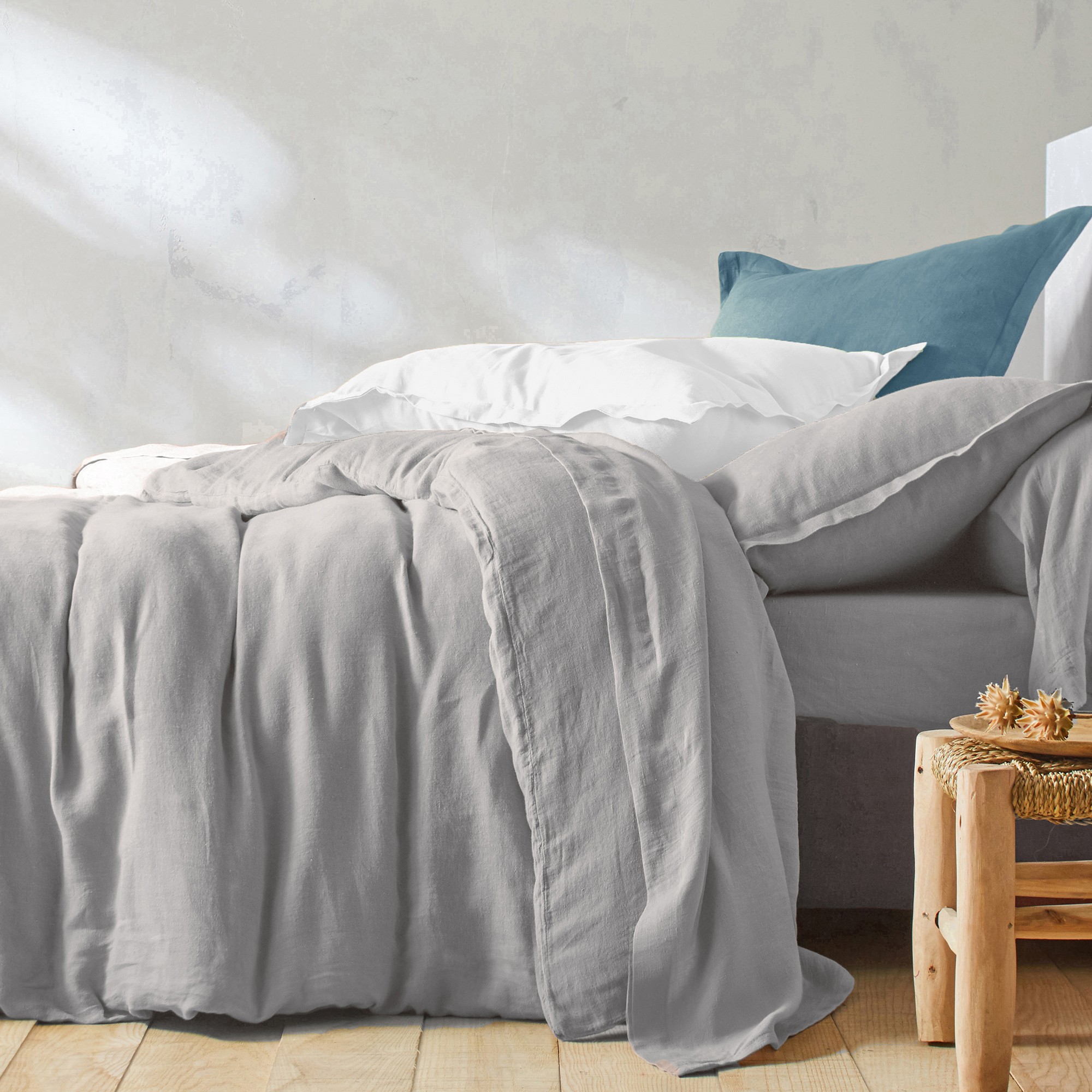 Linge de lit uni lin lavé - Drap Plat 2 Personnesonnes : 270x325cm - Gris - Colombine