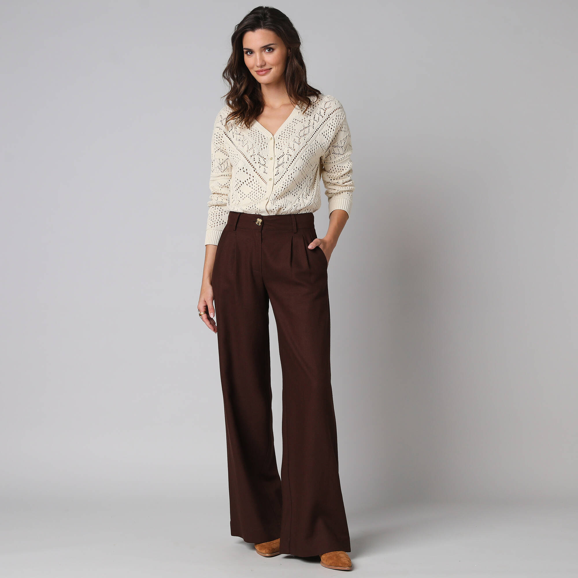 Pantalon large pinces uni en viscose-lin - Blancheporte 48 €