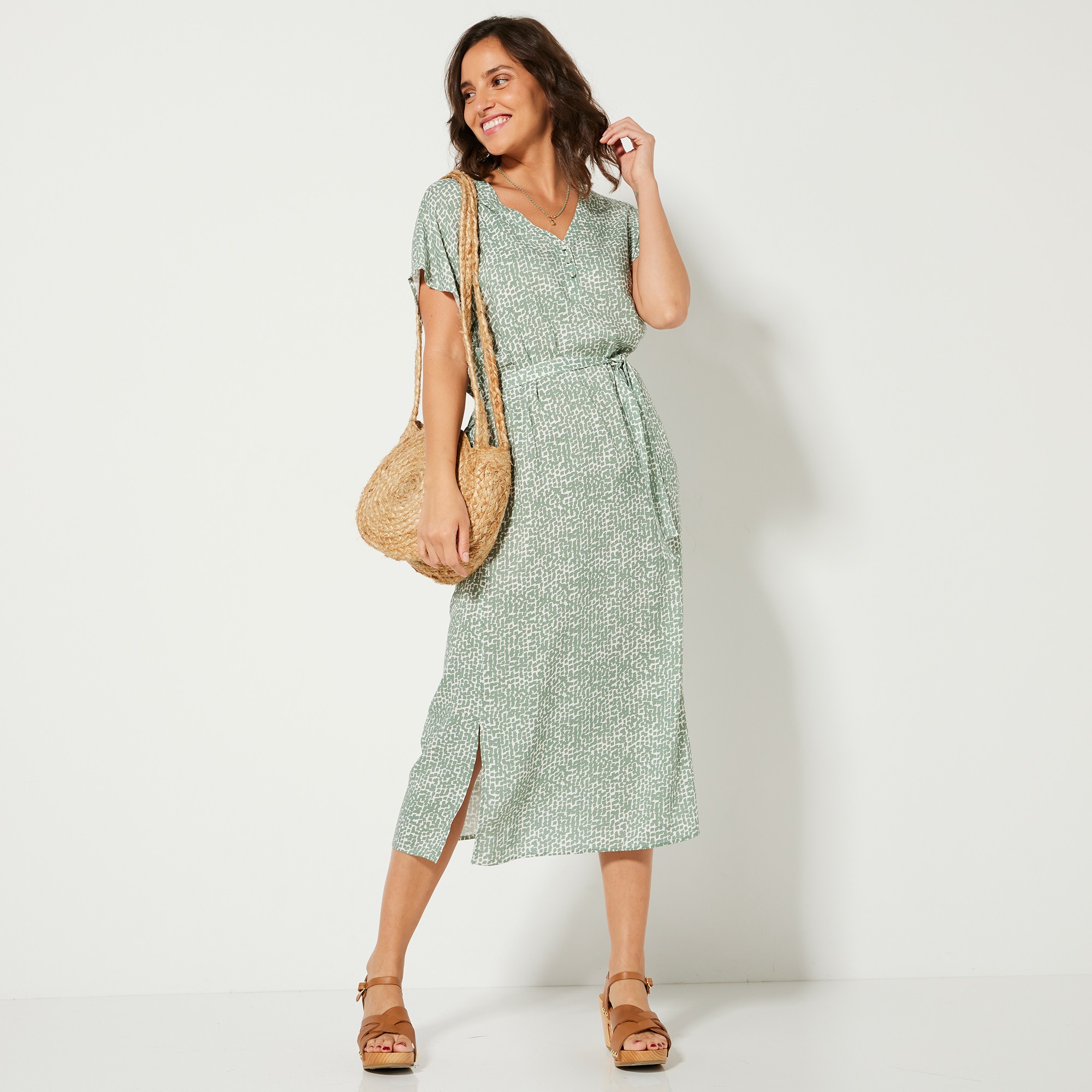 Robe Longue Droite Fluide Manches Courtes, Imprimé - Blancheporte