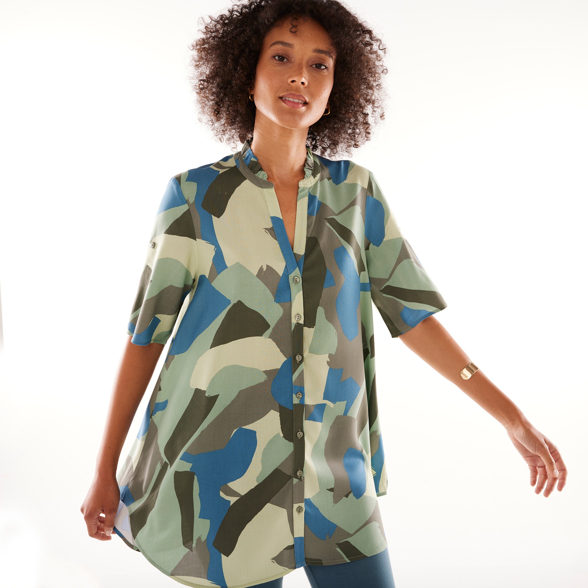 Tunique Col Tunisien Boutonnée, Imprimé Graphique - Blancheporte