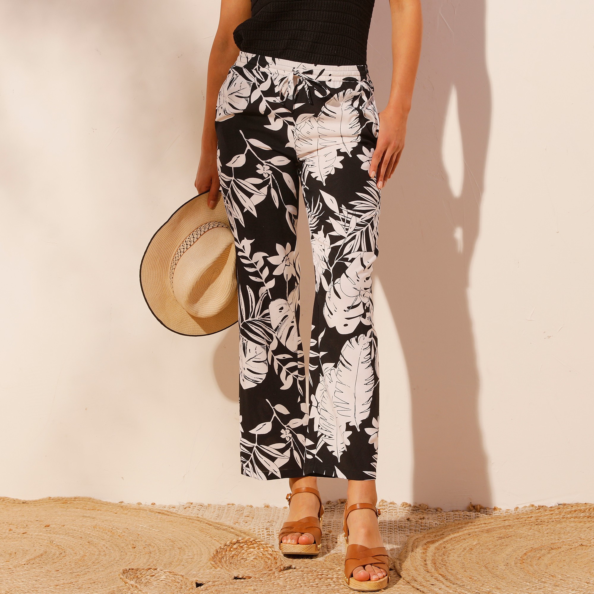 Pantalon large fluide, imprimé végétal bicolore - 54 - Noir - Coeur Au Sud
