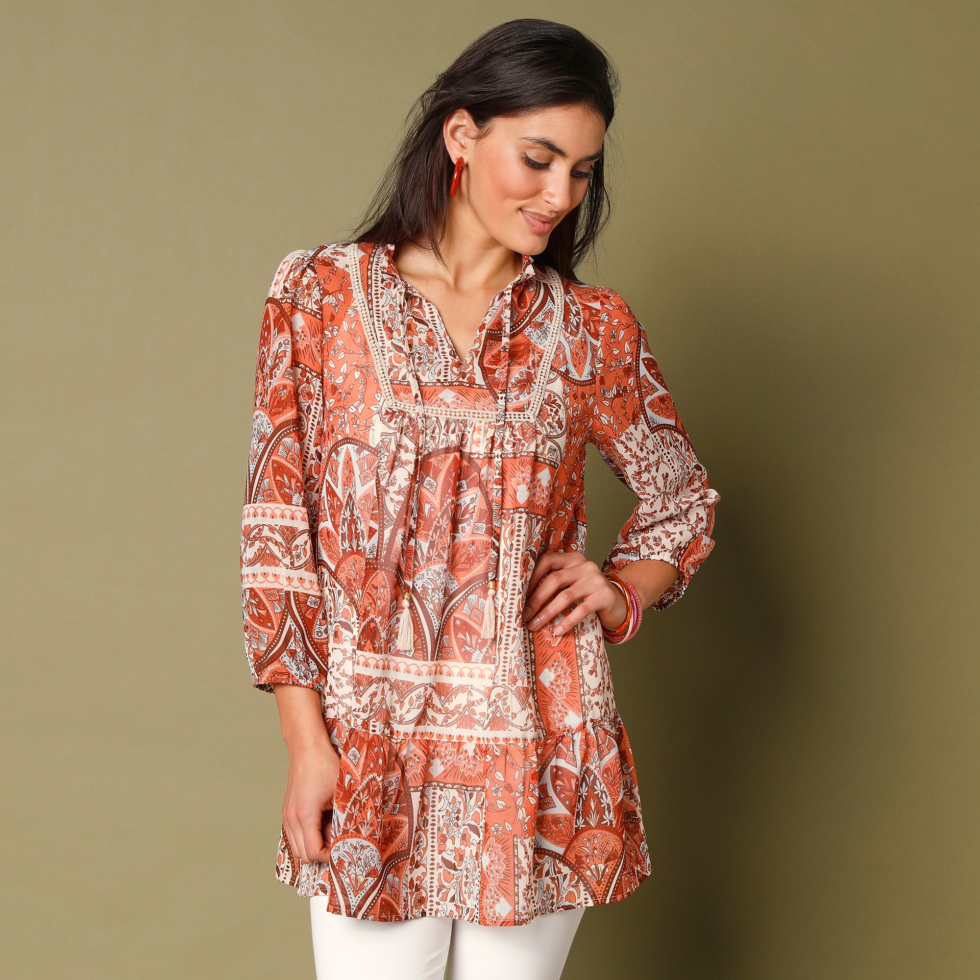 Tunique imprimée, détails macramé - 36 - Écru - Lora Zellini