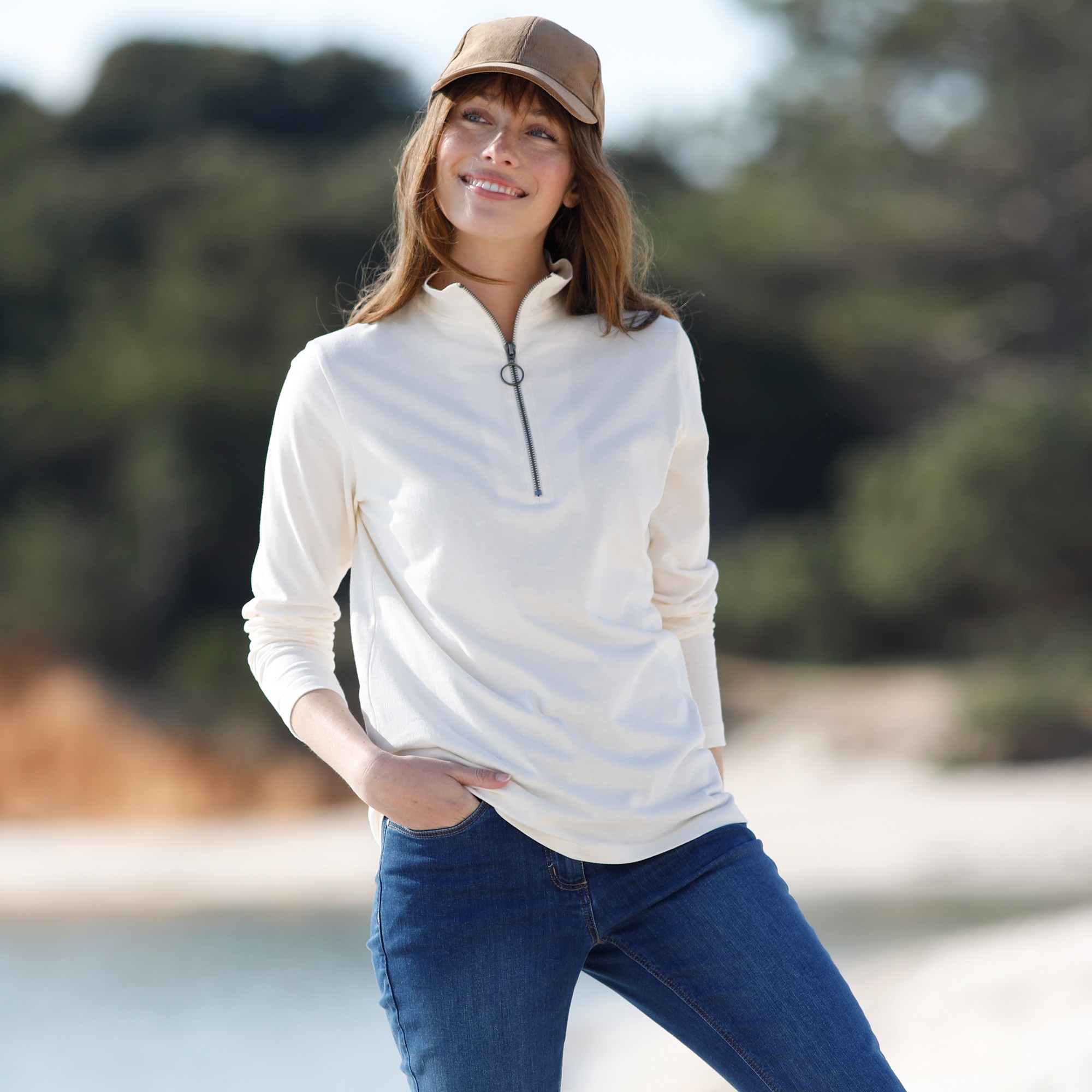 T-shirt Zippé En Coton, Uni - Blancheporte