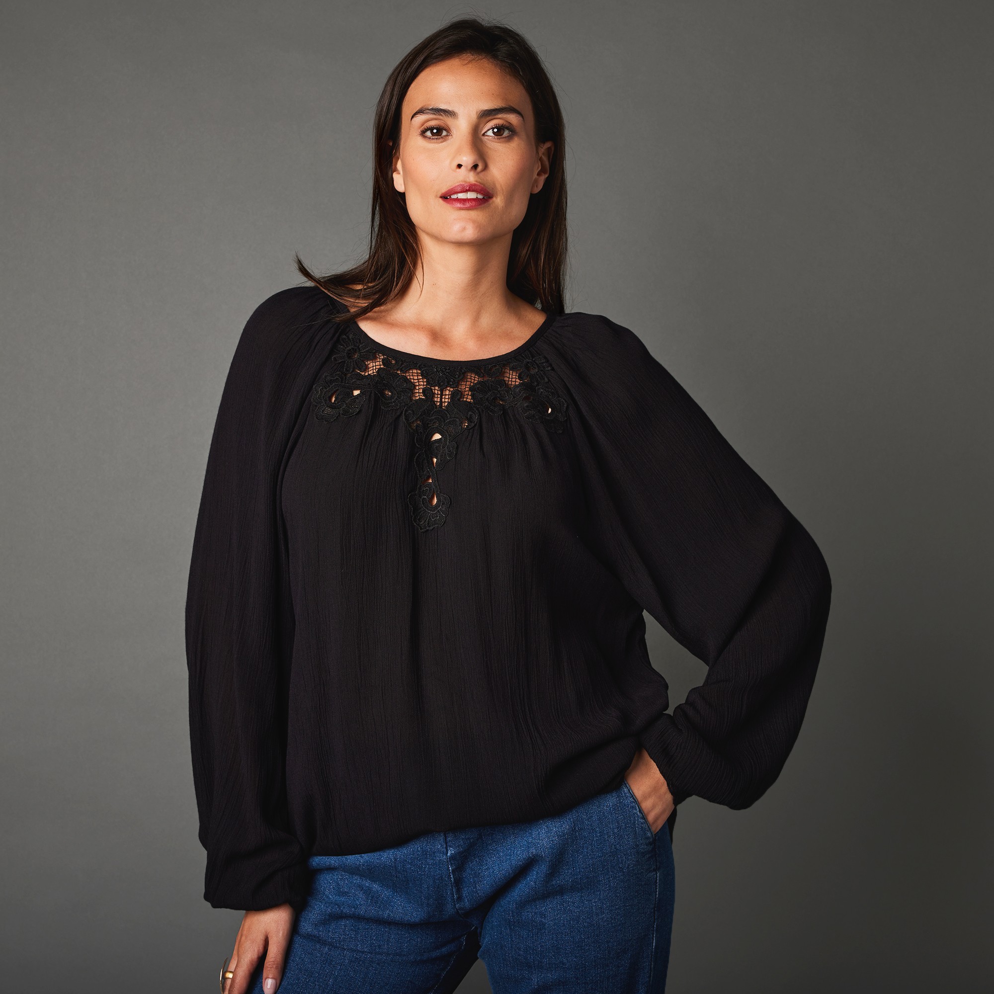 Blouse Manches Longues Col Macramé - Blancheporte