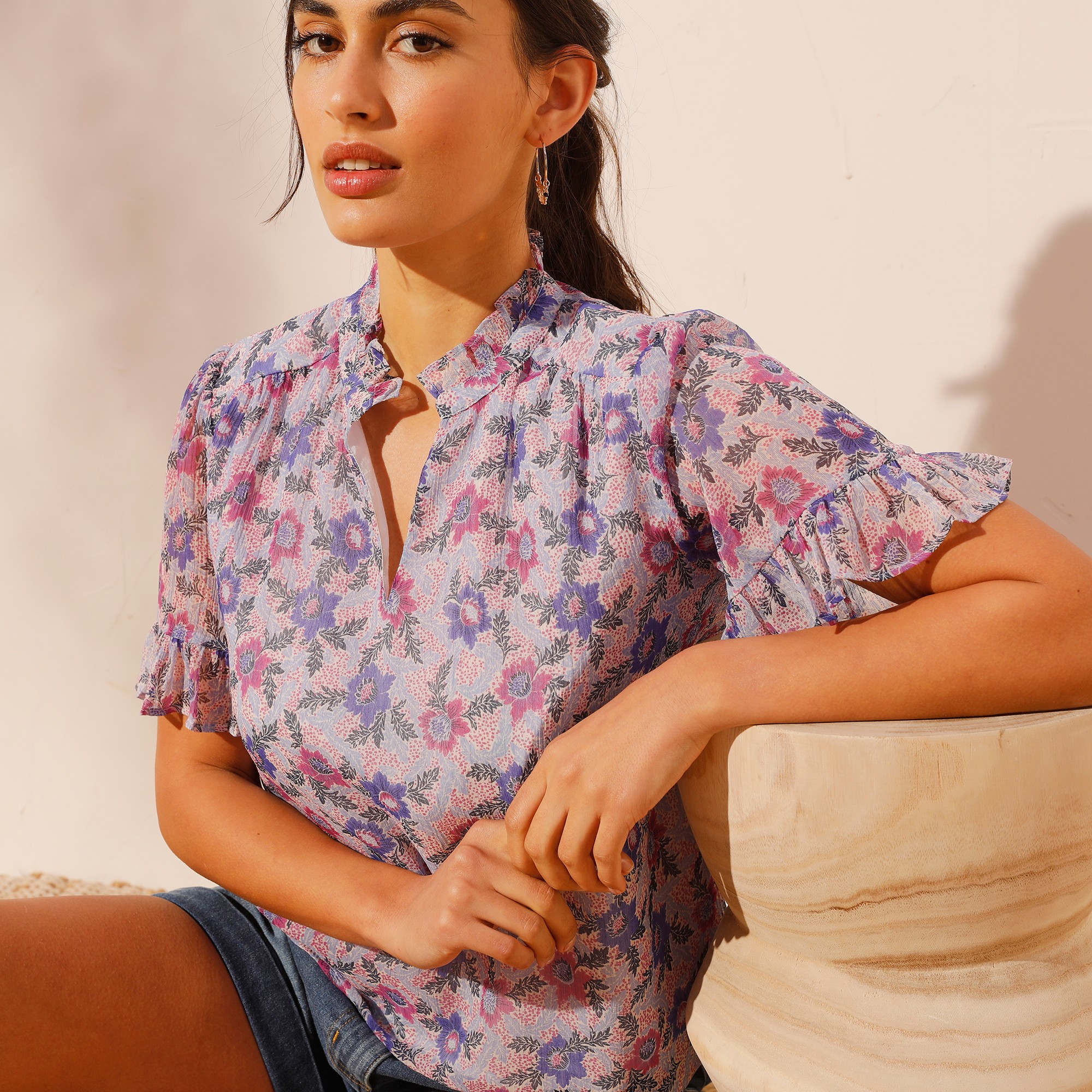 Blouse voile imprimé polyester recyclé(1) - 54 - Bleu - Coeur Au Sud