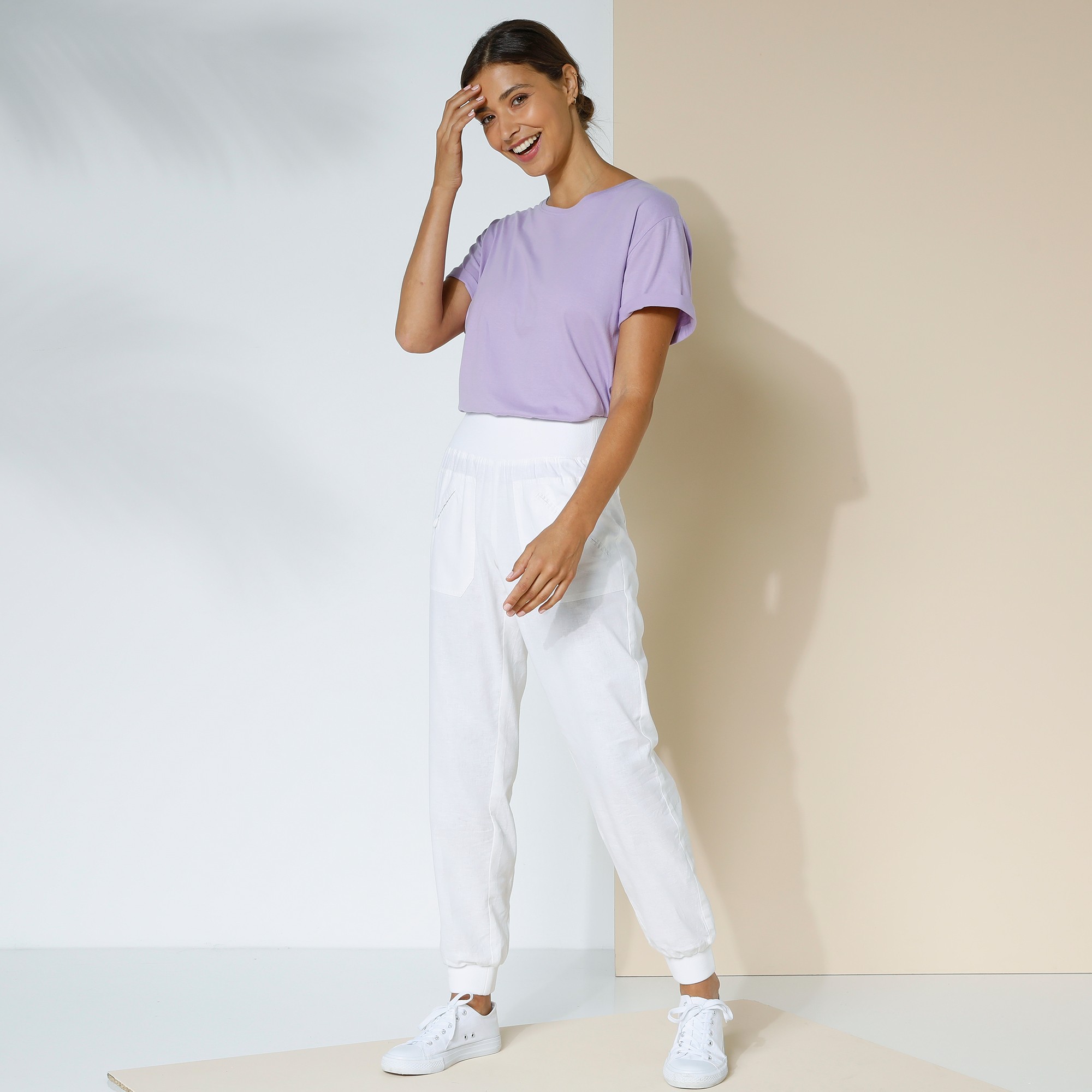 Pantalon blousant taille elastiquee lin coton