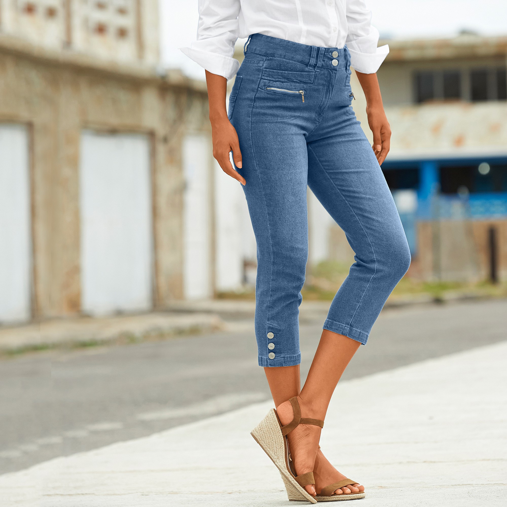 Pantacourt denim base boutonnee bleached Blancheporte
