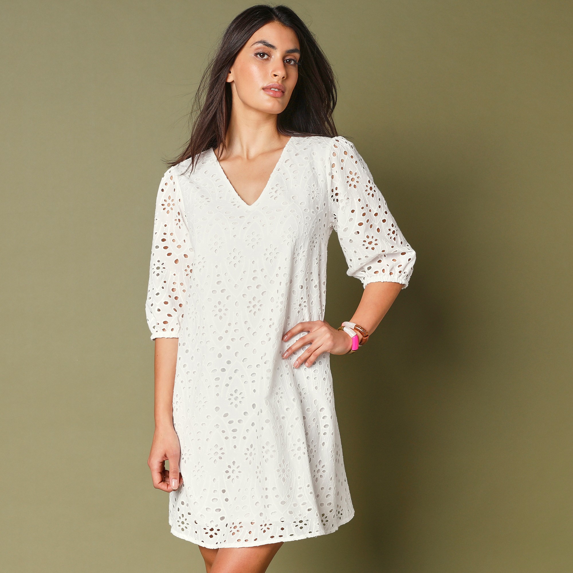 Robe Broderie Anglaise Manches 3/4 - Lora Zellini