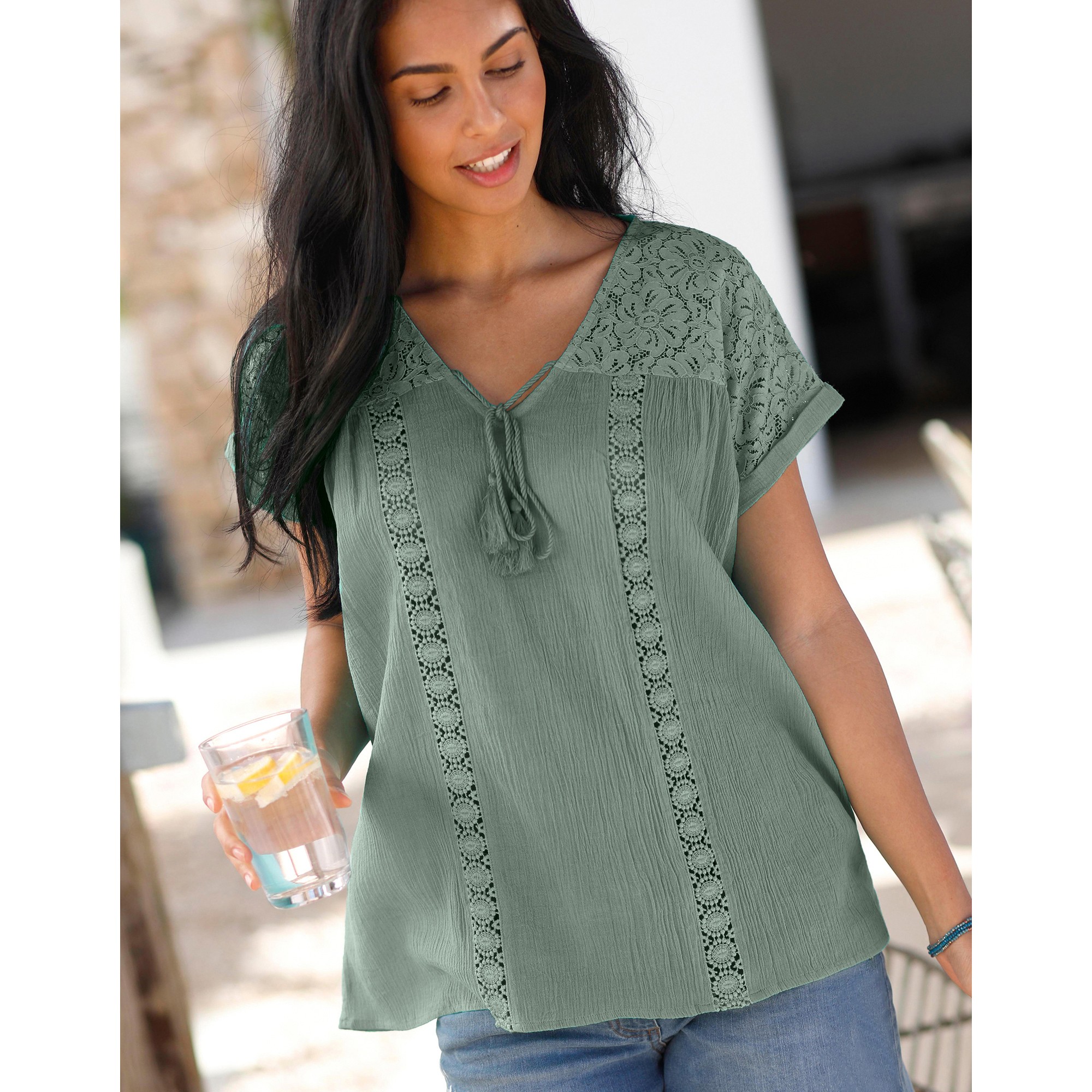 Blouse macramé, crépon coton - 44 - Kaki - Lora Zellini
