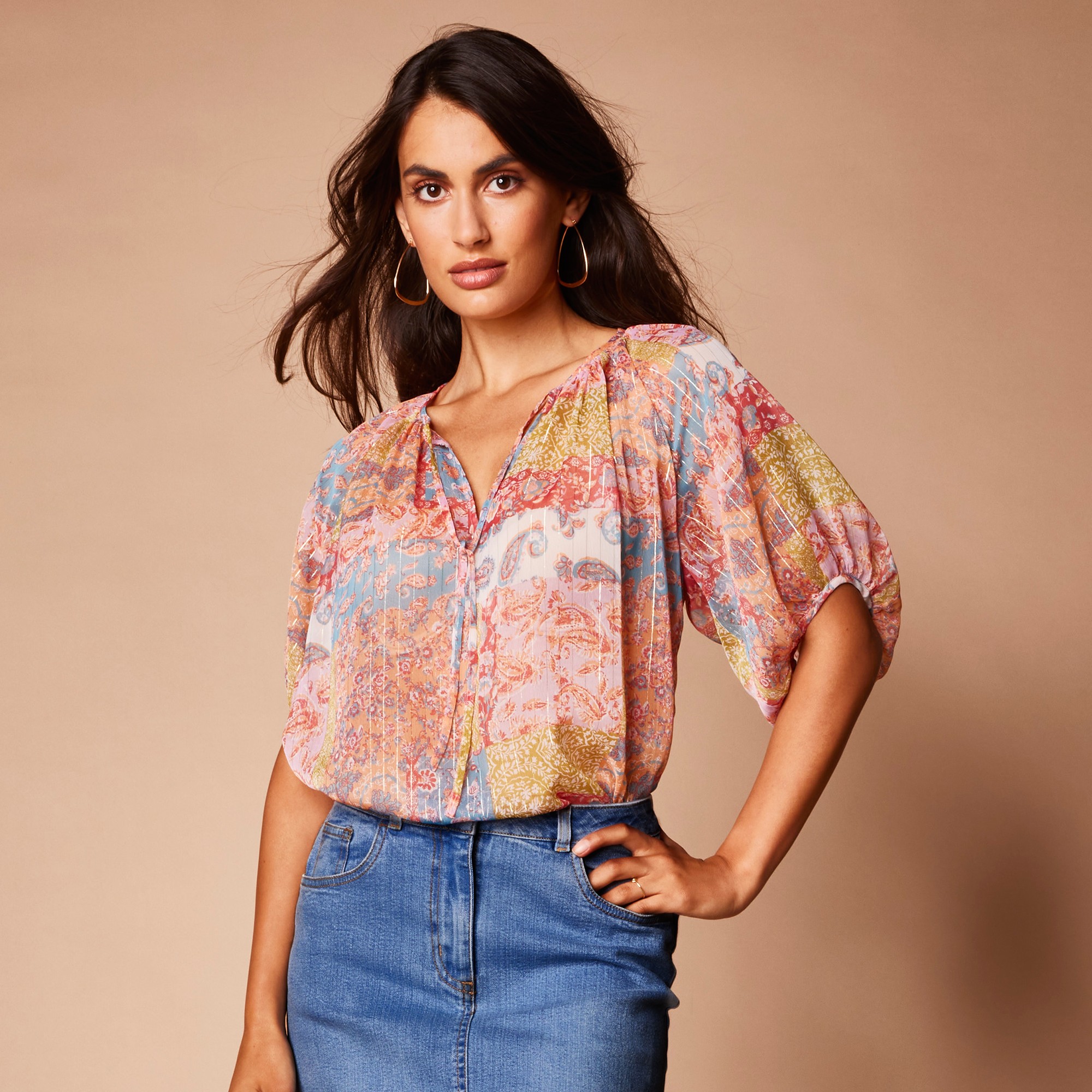 Blouse imprimée, voile fils brillants - 54 - Écru - Lora Zellini