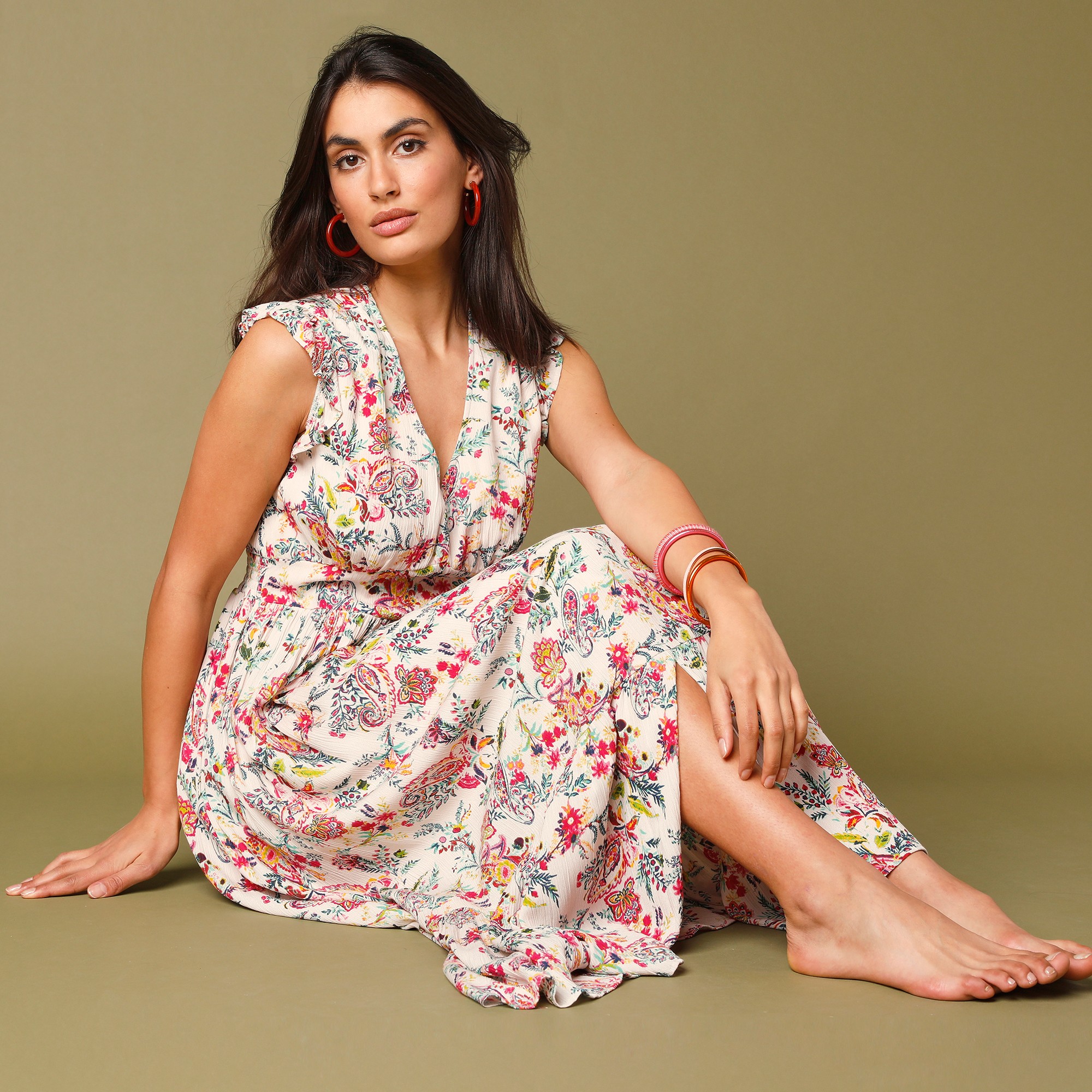 Robe longue imprimée, crépon - 40 - Écru - Lora Zellini